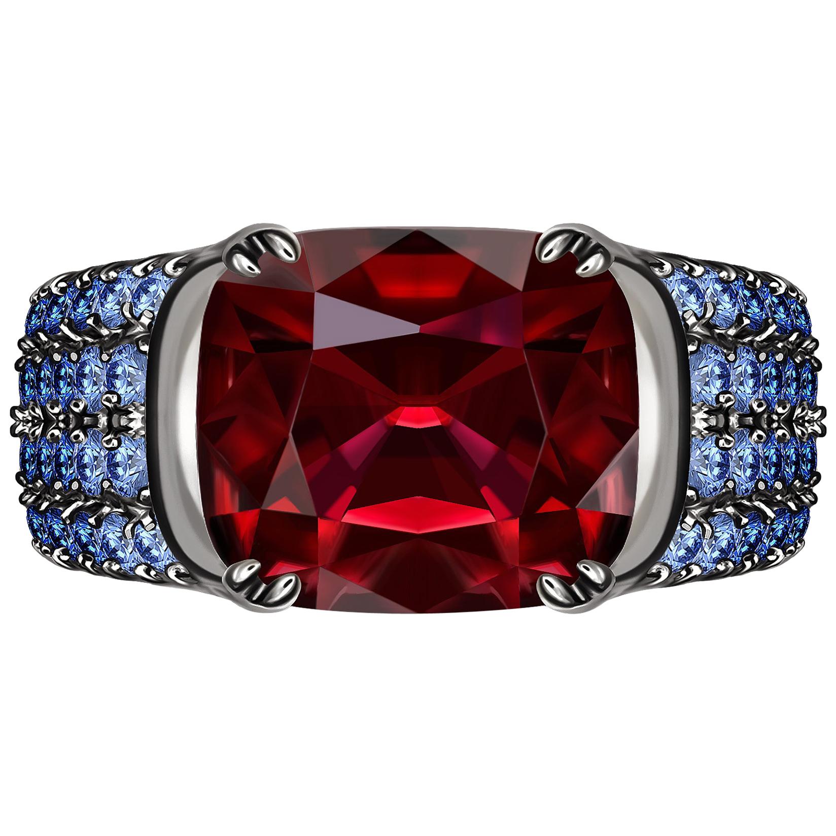 3 Carat Vivid Red Spinel Ring with Blue Sapphires 18 Karat Gold