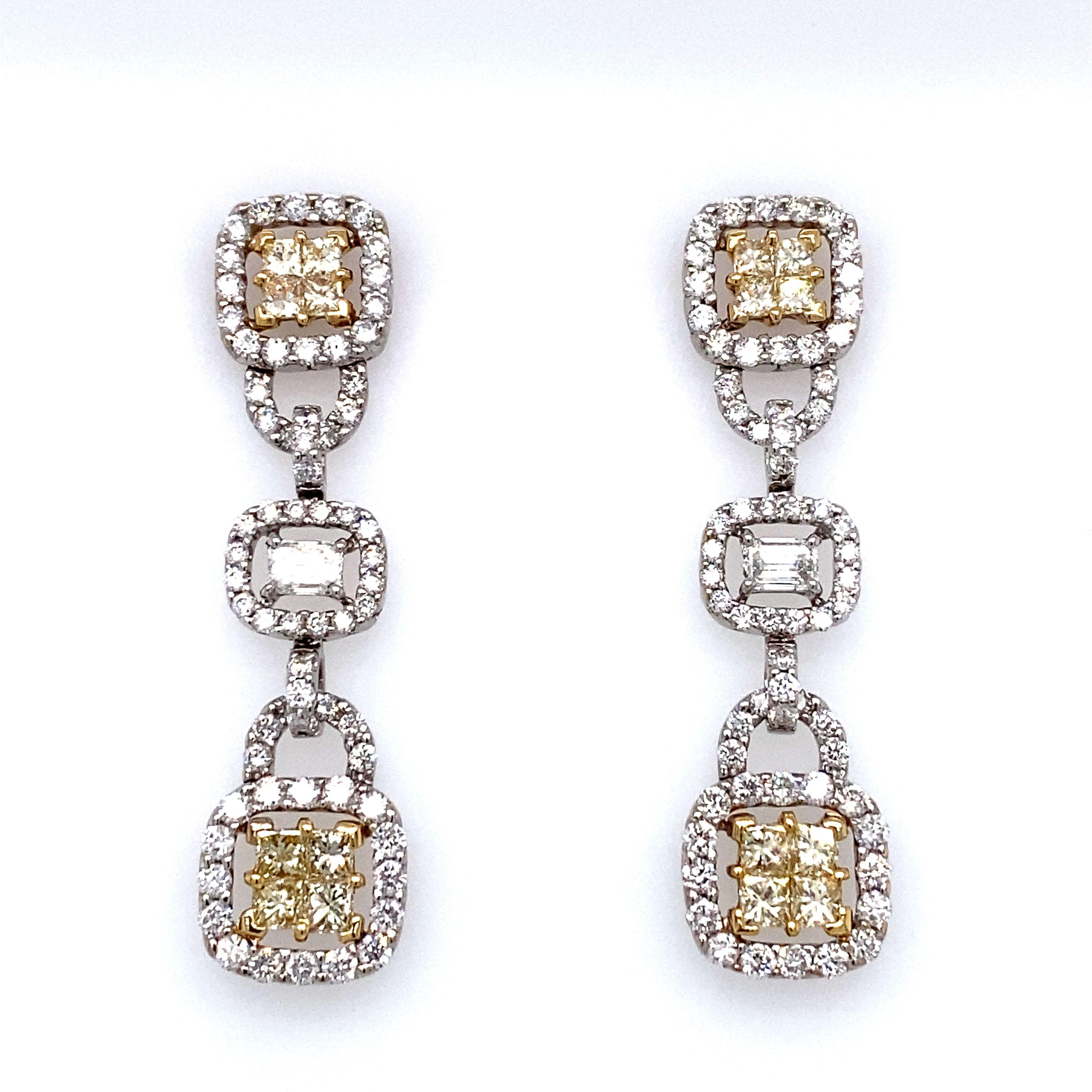 Women's 3 Carat White and Yellow Diamond Dangle Earrings in 18 Karat White Gold For Sale