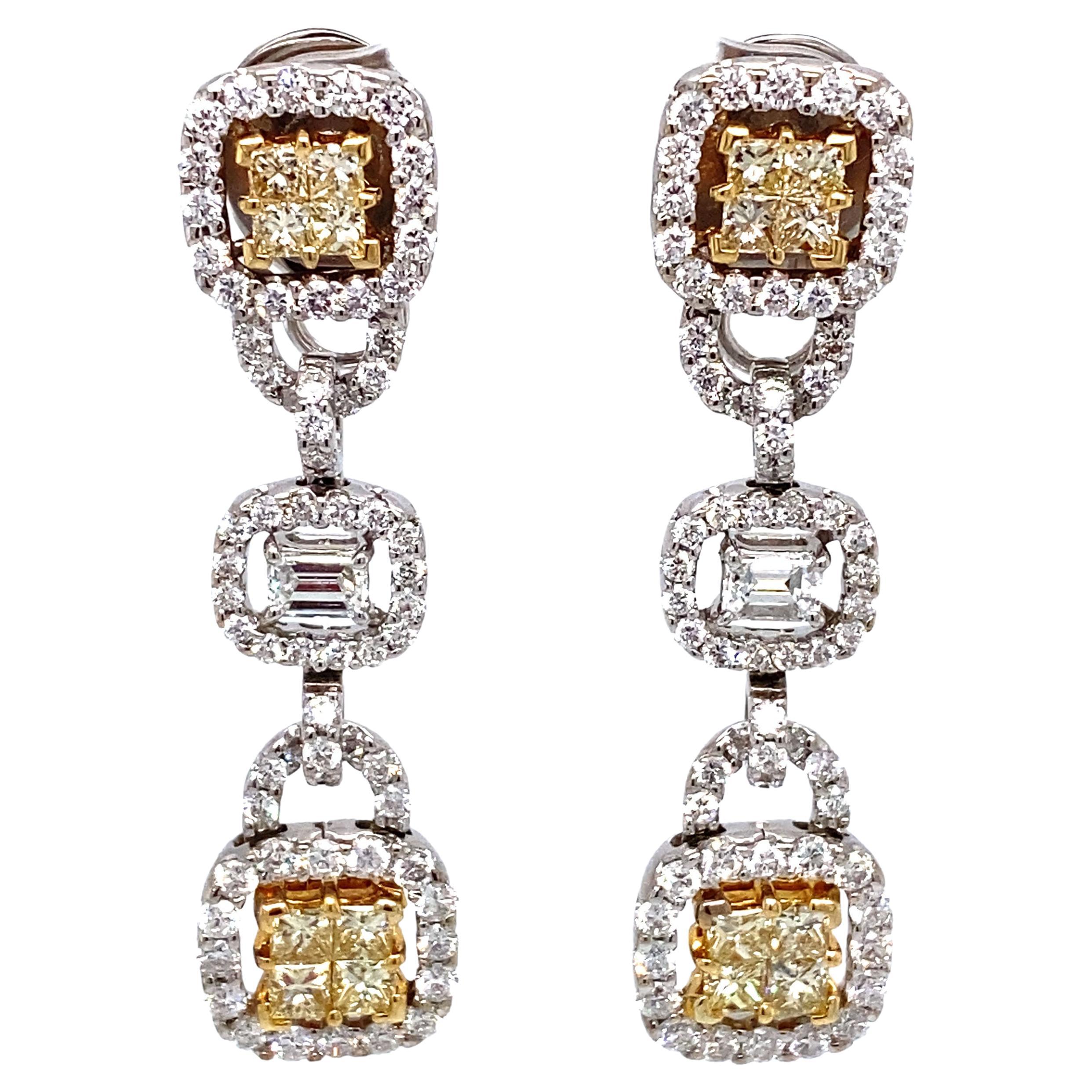 3 Carat White and Yellow Diamond Dangle Earrings in 18 Karat White Gold For Sale