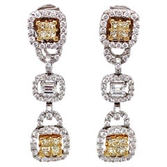 3 Carat White and Yellow Diamond Dangle Earrings in 18 Karat White Gold