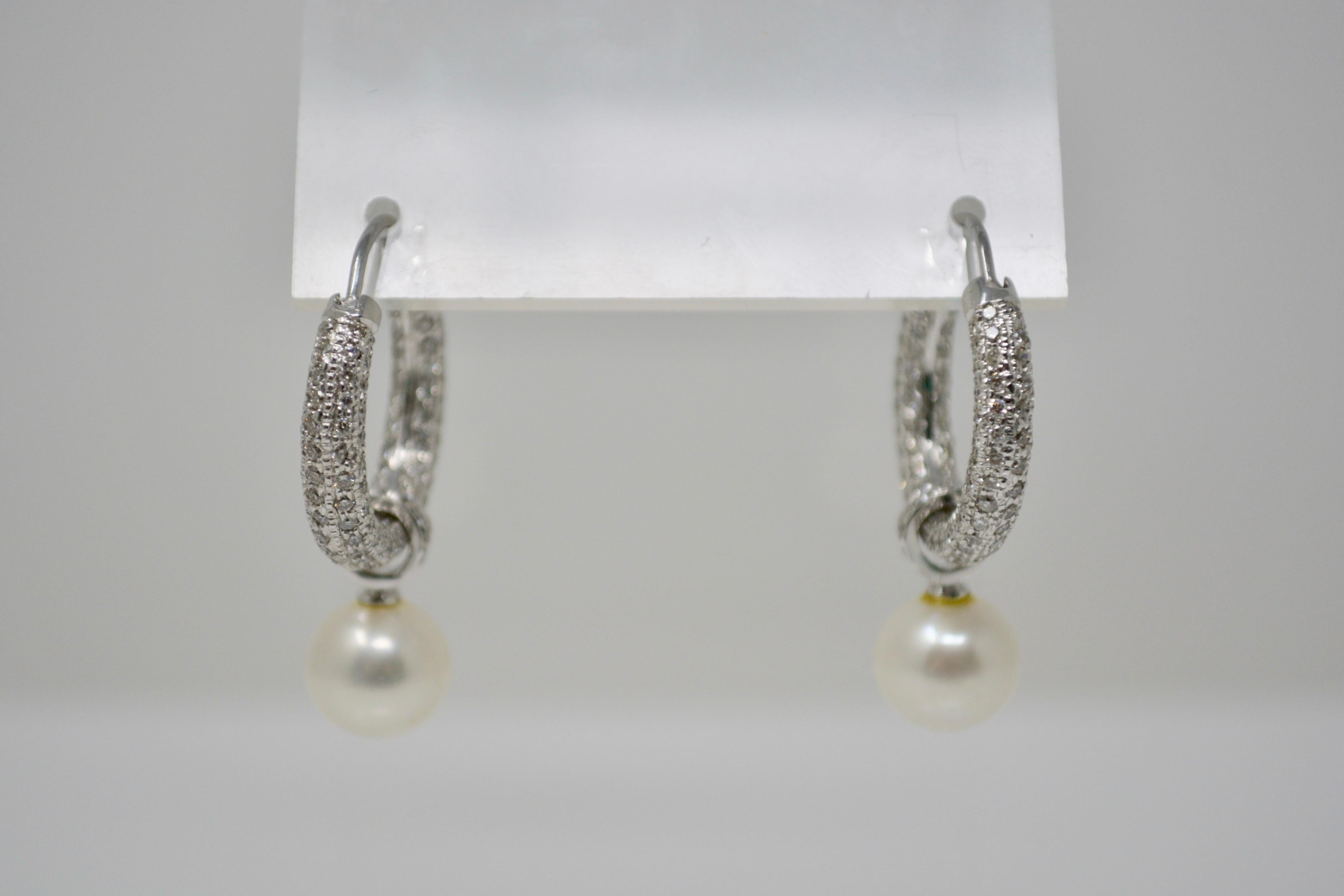 Contemporary 3 Carat White Diamond and South Sea Pearl Detachable Hoop Earrings in 18 Karat