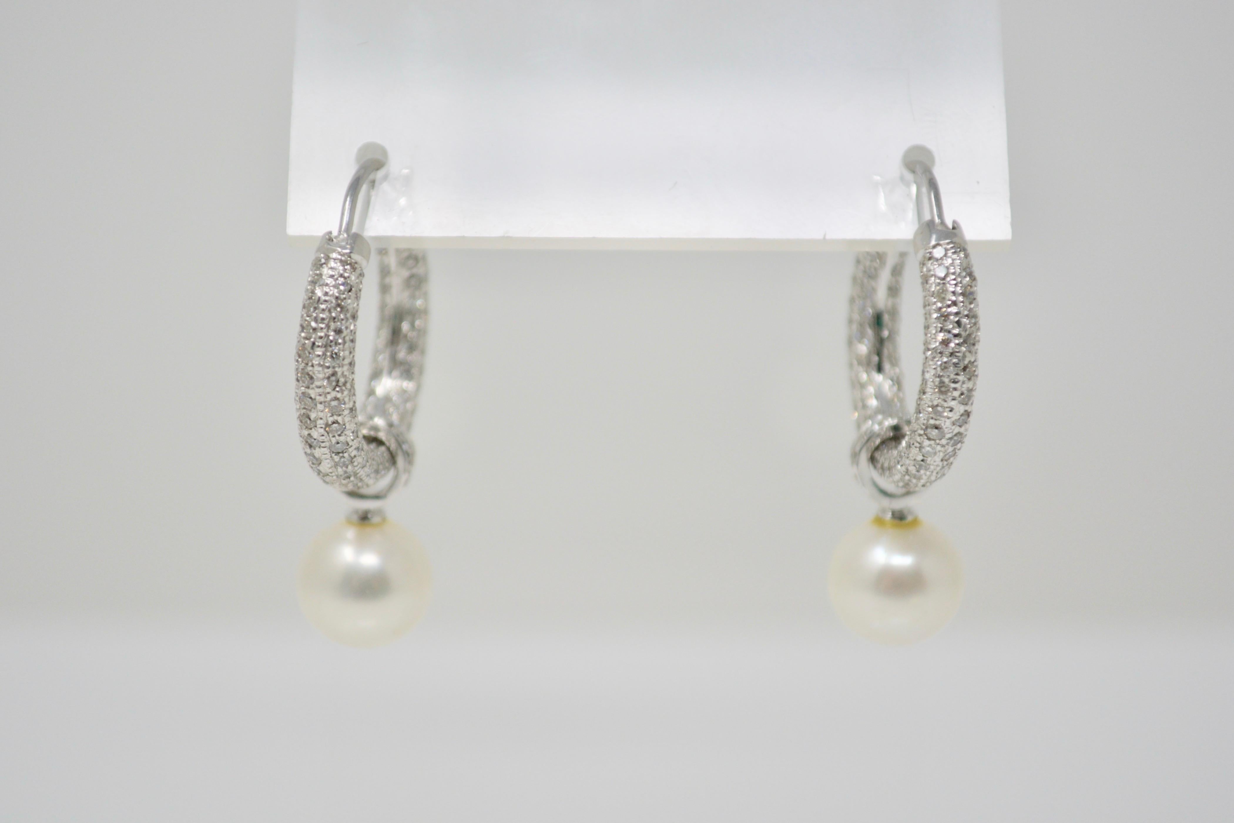 Round Cut 3 Carat White Diamond and South Sea Pearl Detachable Hoop Earrings in 18 Karat