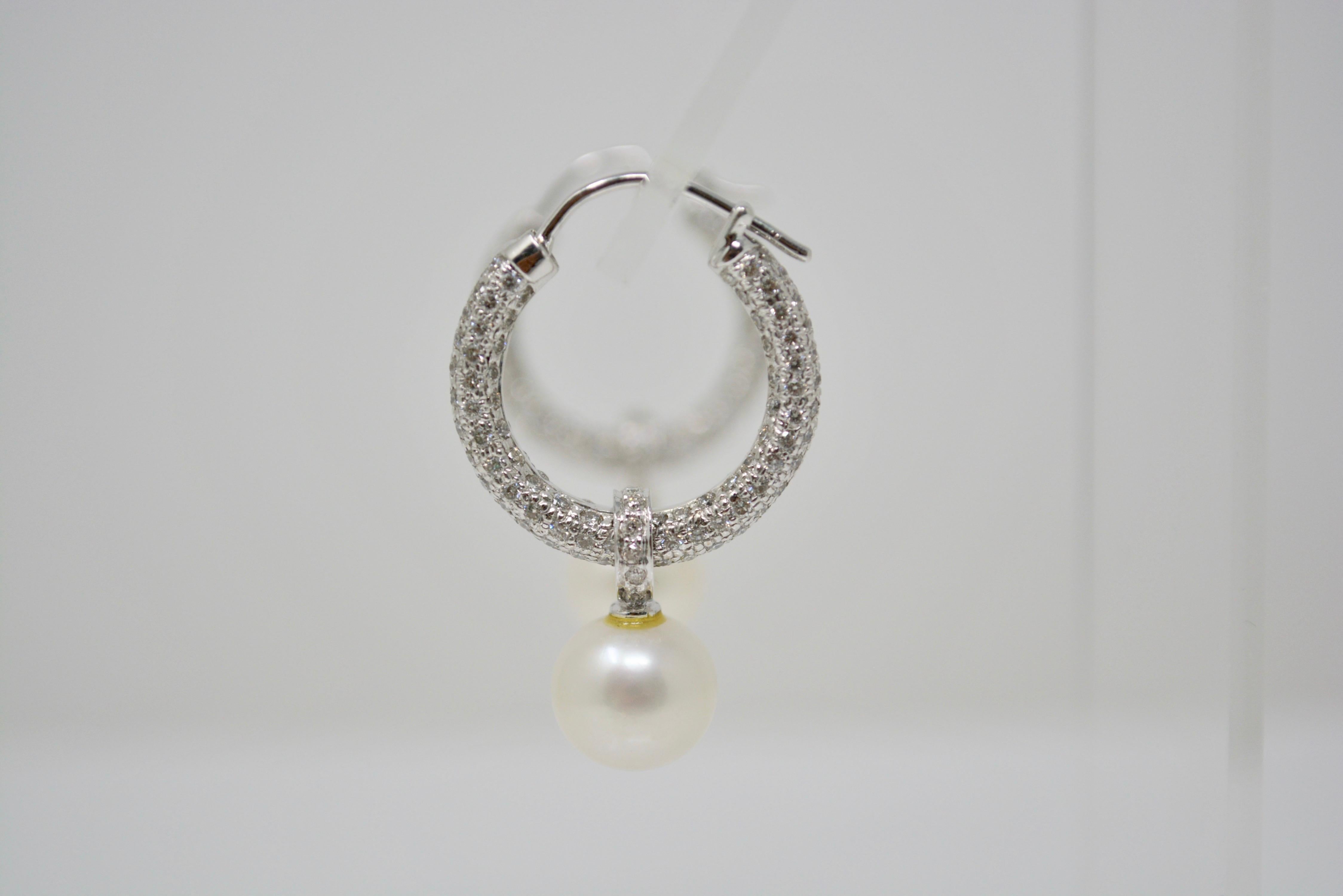 Women's or Men's 3 Carat White Diamond and South Sea Pearl Detachable Hoop Earrings in 18 Karat