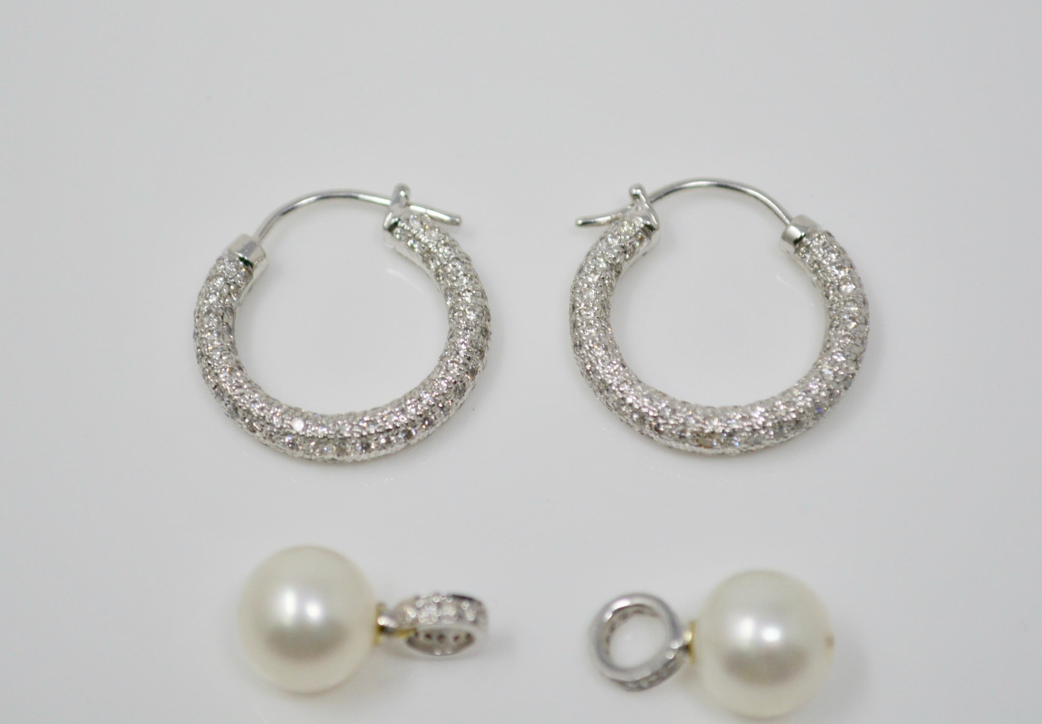 3 Carat White Diamond and South Sea Pearl Detachable Hoop Earrings in 18 Karat 2