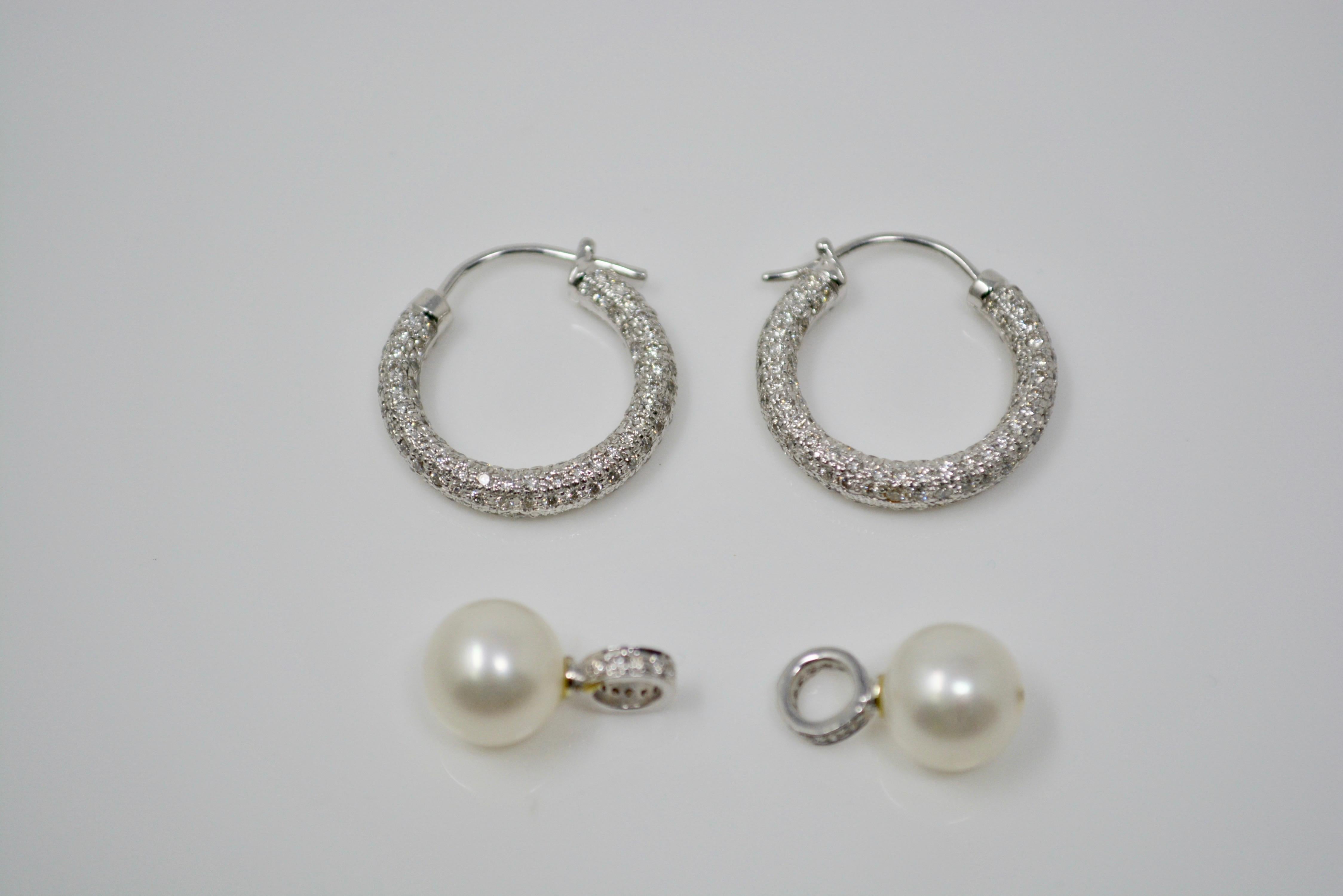 3 Carat White Diamond and South Sea Pearl Detachable Hoop Earrings in 18 Karat 3