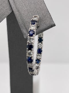 3 Carat White Gold Blue Sapphire and White Diamond Hoop Earrings