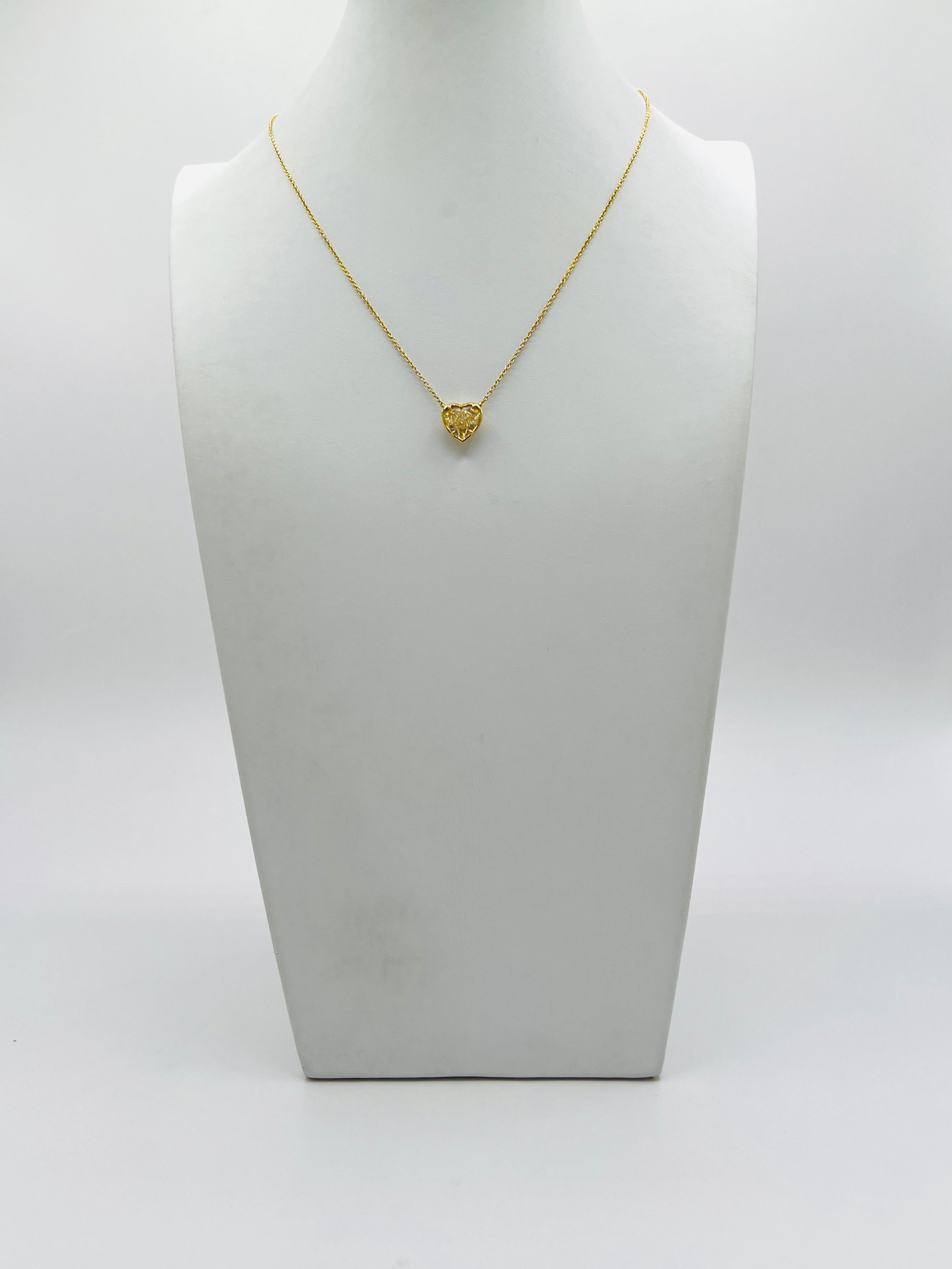 Women's or Men's 3 Carat Yellow Diamond Heart Bezel Pendant Necklace in 18K Yellow Gold