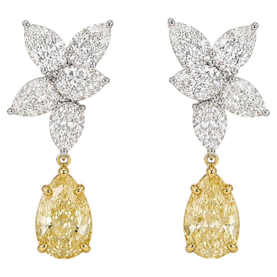 3 Carat Yellow Pear Diamond Glamorous Cluster Earrings