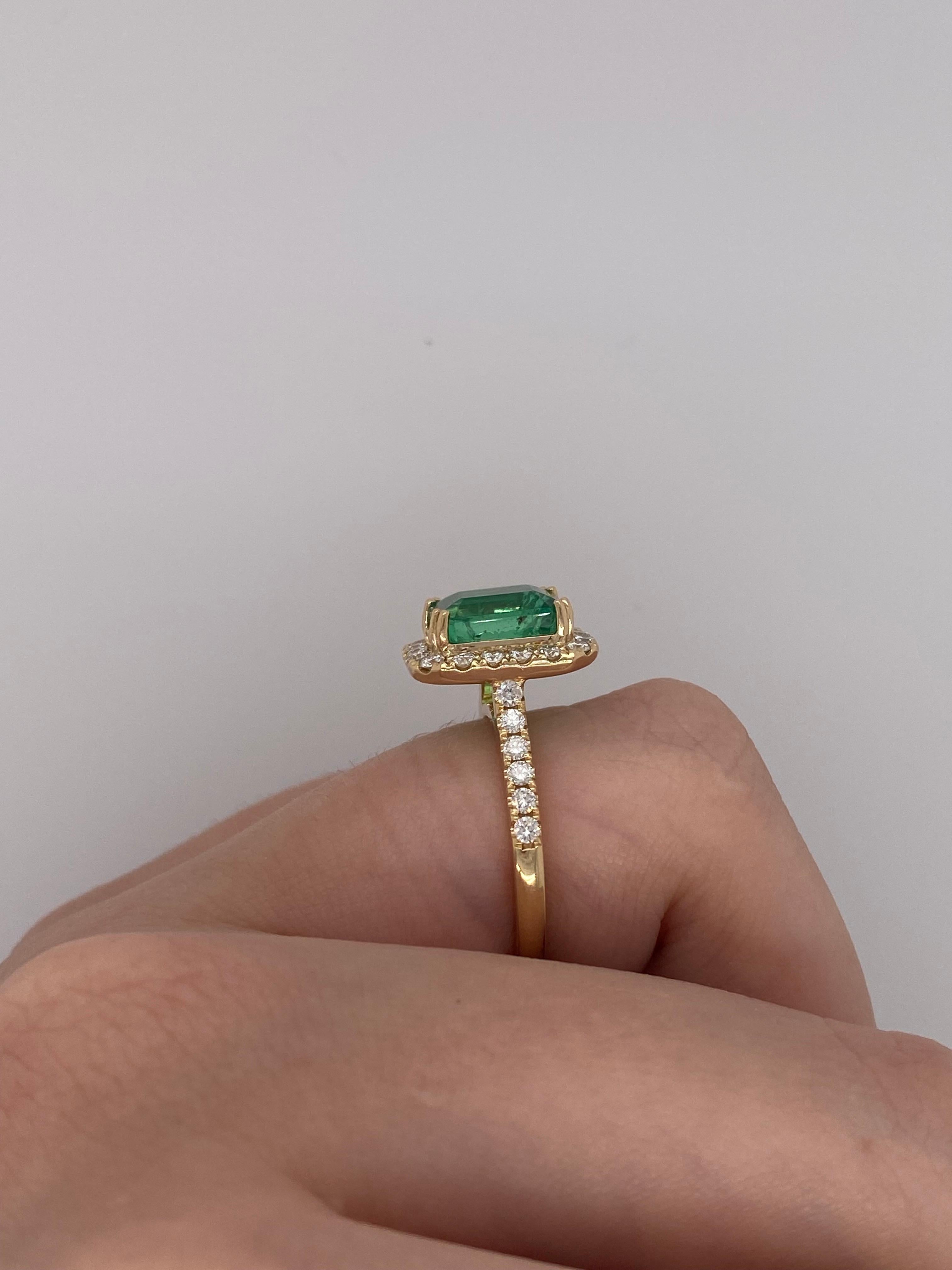 Emerald Cut 3 Carat Zambian Emerald And Diamond Halo Ring In 18k Yellow Gold For Sale