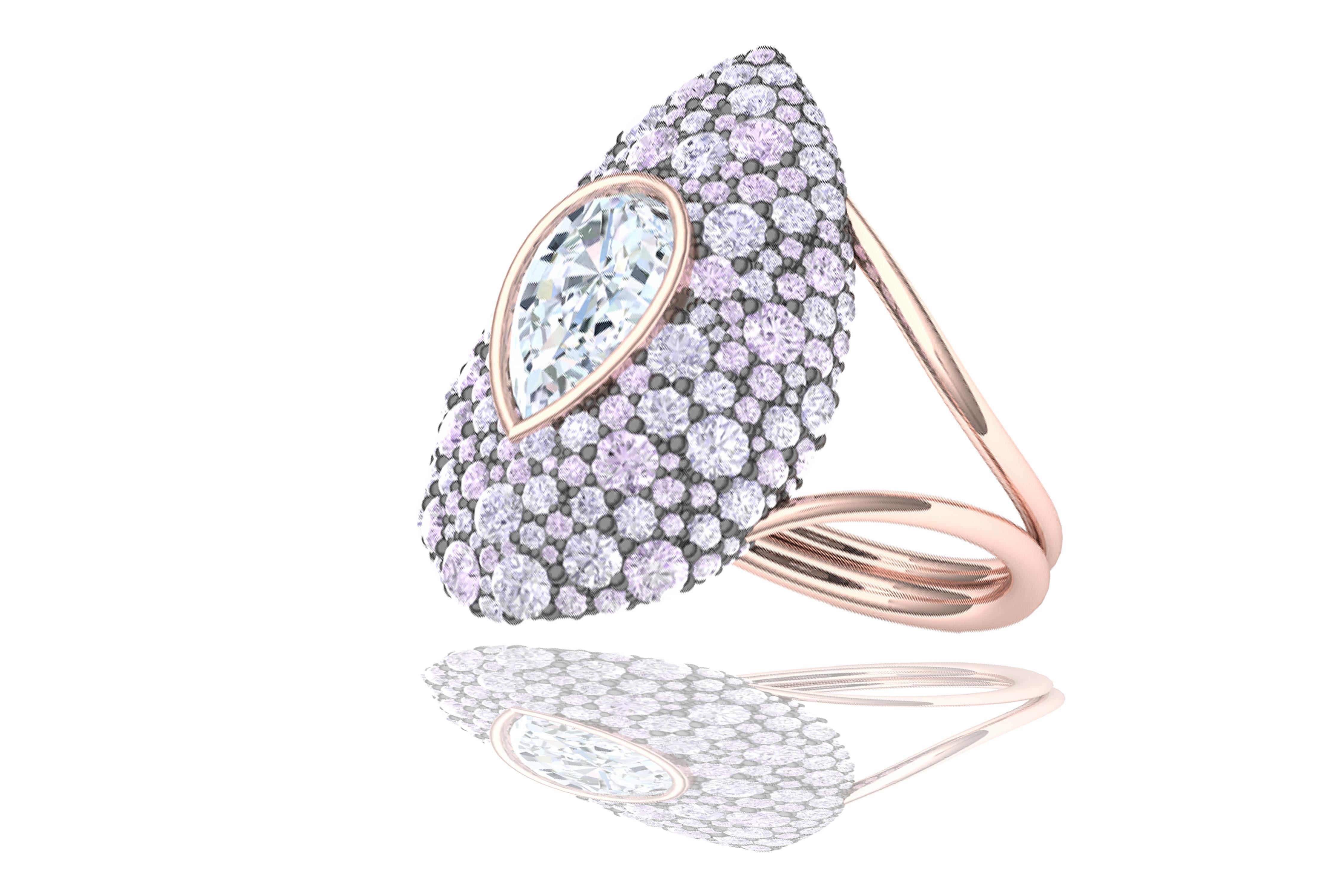 A stunning modern display of pairing pastel lavender with the warmth of rose gold and white diamond.  The center stone is a 1 carat pear shape G-SI diamond bezel set in 18k rose gold.  The center is surrounded by an array of beautiful purple