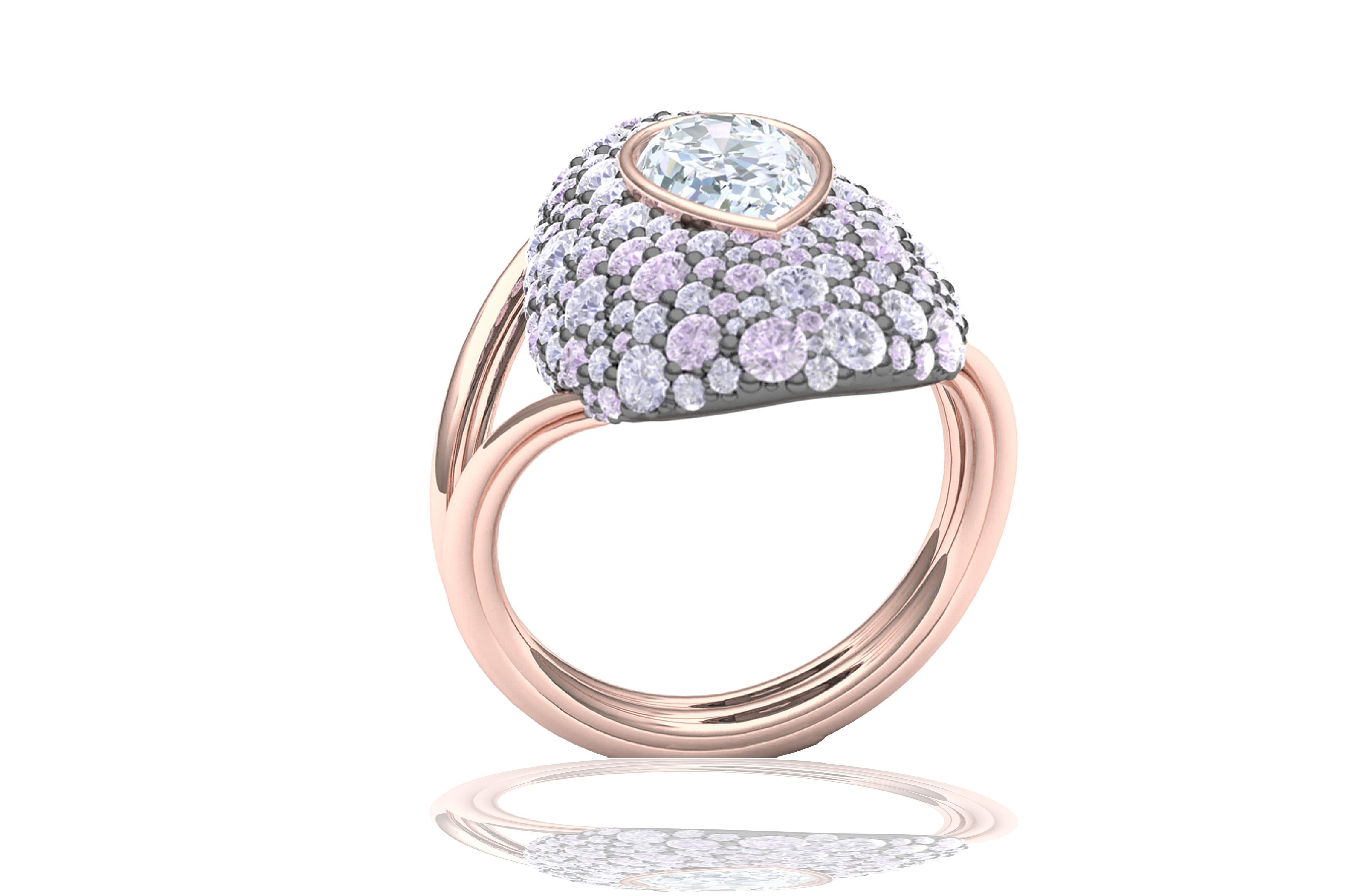 Modern 3 Carat Diamond and Purple Pink Sapphires Rose Gold Ring For Sale