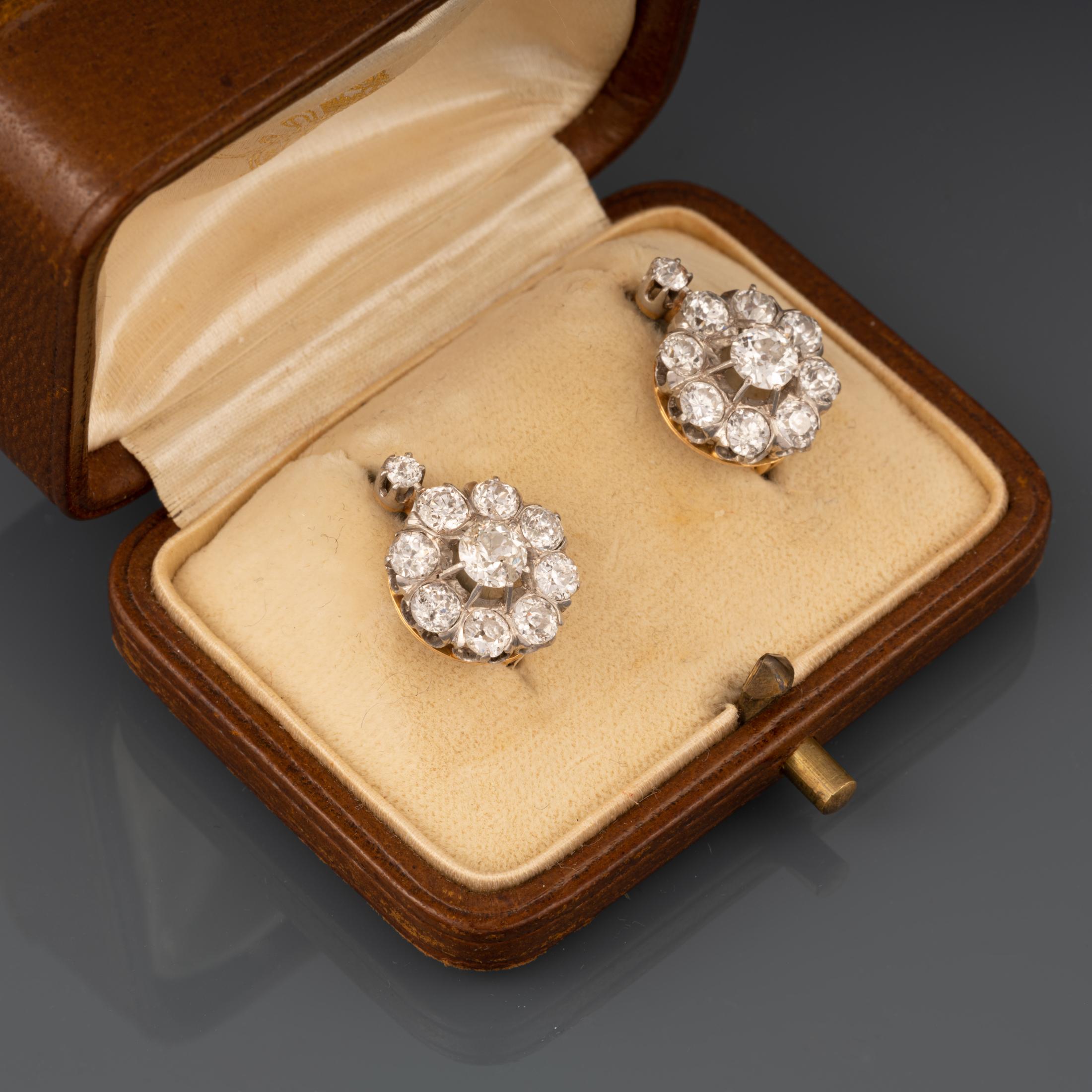 Old European Cut 3 Carats Diamonds French Antique Earrings For Sale