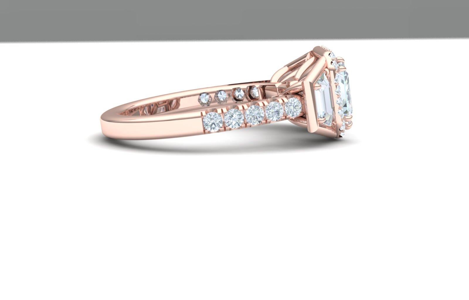 A modern twist on a classic three stone.  This classy and modern rose gold set beauty has a 2 carat GIA certified K- VS2.  The center stone displays much whiter than a K color.  Because of fluorescence the color of the stone looks more like an H or