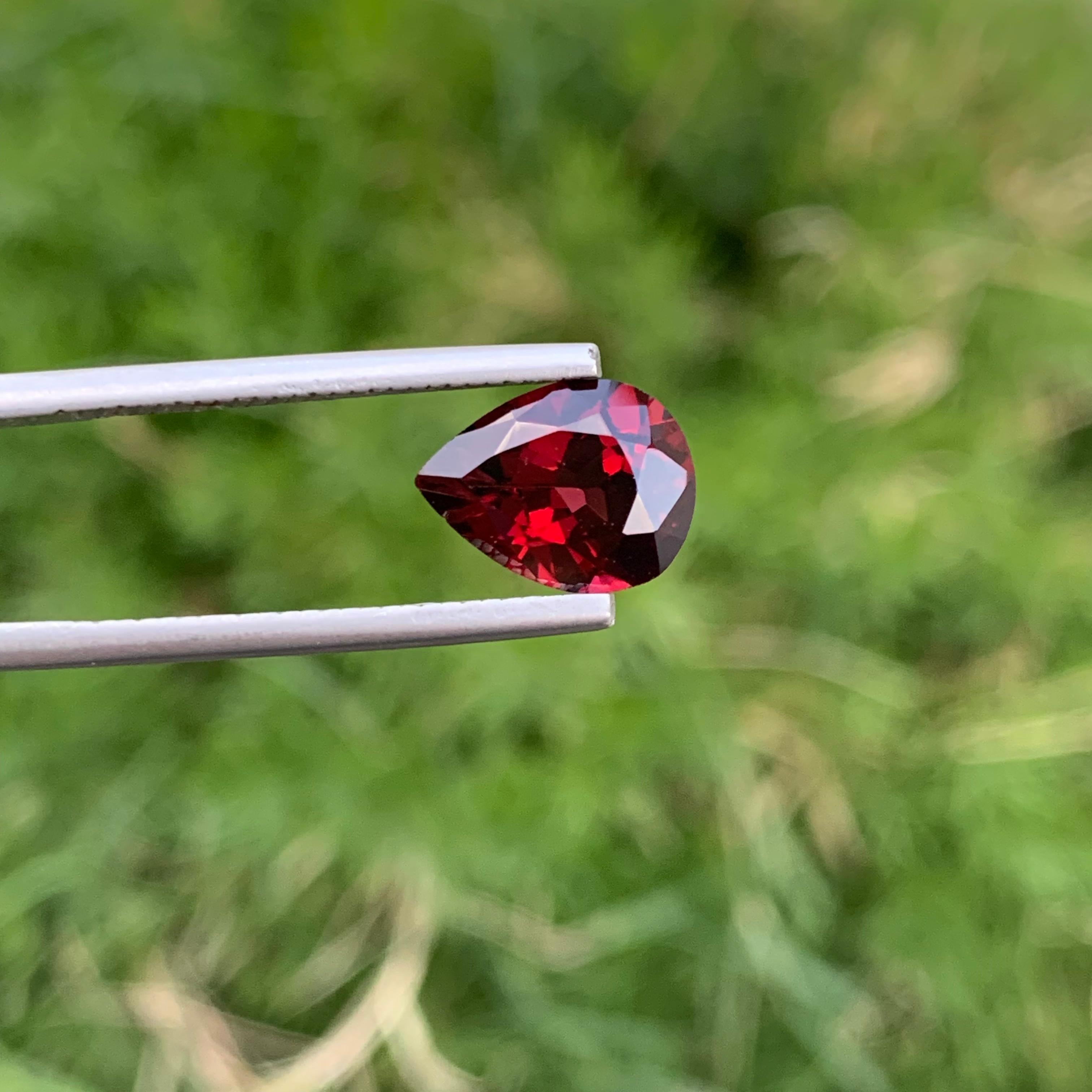 Faceted Rhodolite Garnet
Weight: 3.0 Carats 
Dimension: 10.7x8.1x4.8 Mm
Origin: Tanzania Africa 
Color: Red
Shape: Pear
Treatment: Non
Certificate: On Customer Demand 
Rhodolite garnet is a mesmerizing gemstone that boasts a captivating blend of