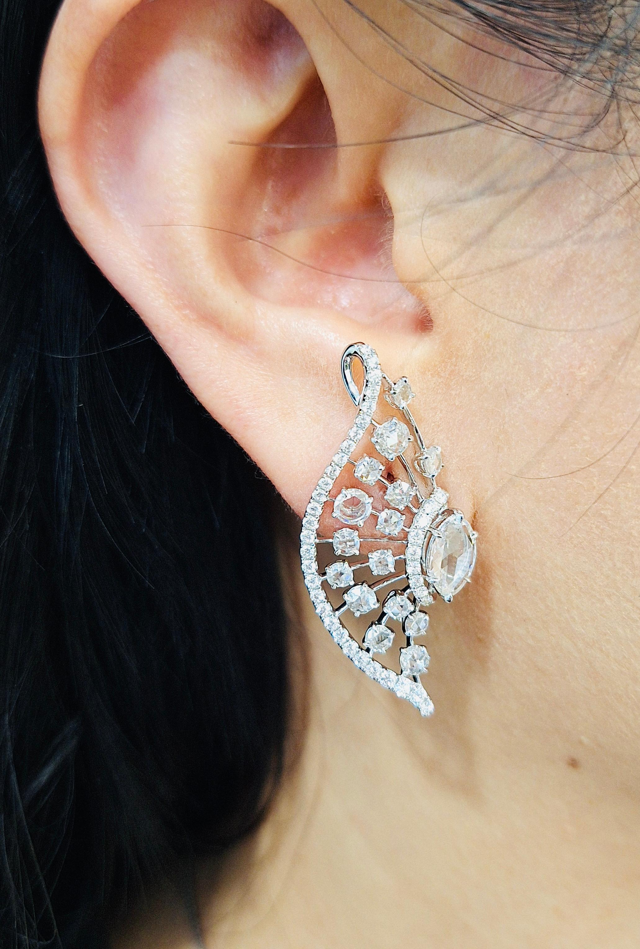 Pendientes de diamante blanco talla rosa natural de 3 quilates y diamante blanco redondo Moderno en venta