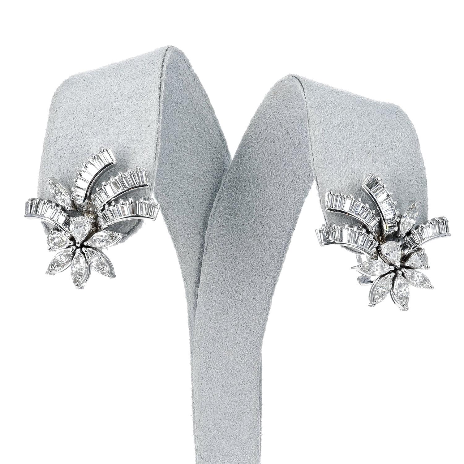 A pair of Diamond Floral Cocktail Earrings with appx. 3 carats of diamonds in Pear, Marquise, and Baguette shapes made in Platinum. 

