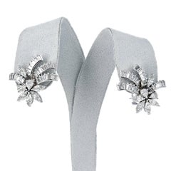 3 Carats Pear, Marquise, and Baguette Diamond Floral Cocktail Earrings, Platinum