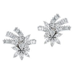 3 Carats Pear, Marquise, and Baguette Diamond Floral Cocktail Earrings, Platinum