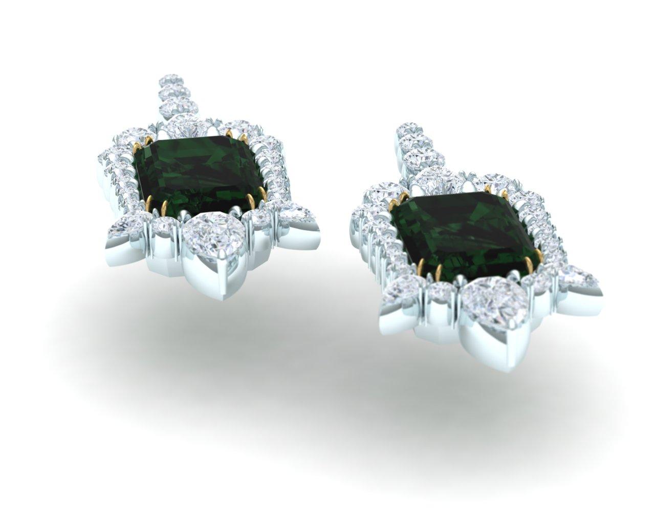 Emerald Cut 3 Carat Tourmaline and Diamond Platinum and Yellow Gold Drop Earrings For Sale