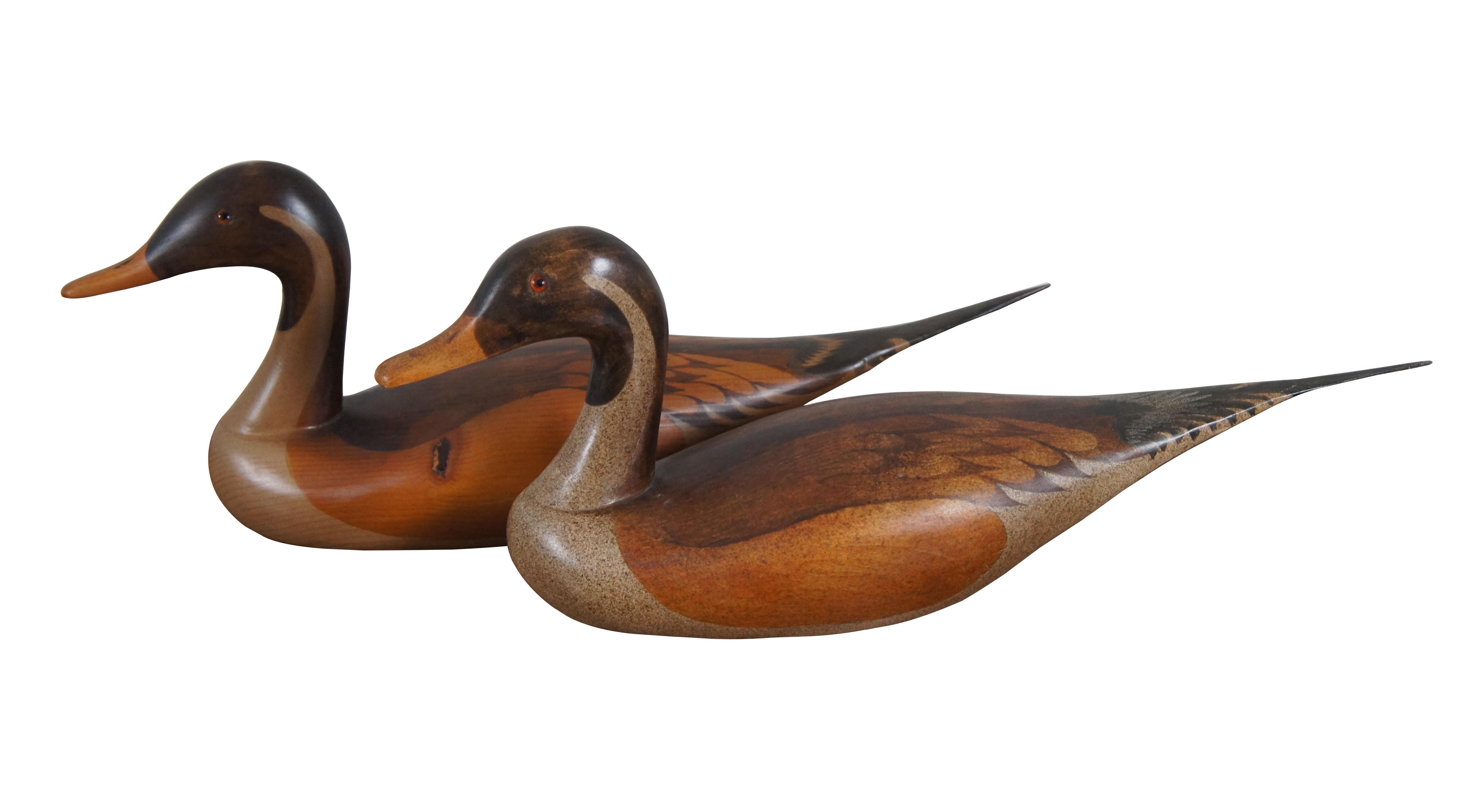 Three vintage 1980's hand carved wooden duck decoys with stained feather details and amber glass eyes. Two by Craig Fellows of Big Sky Carvers Bozeman Montana (dated 1/8/81 and 2/13/81) and one (Pine) by D.A. Callaway (dated