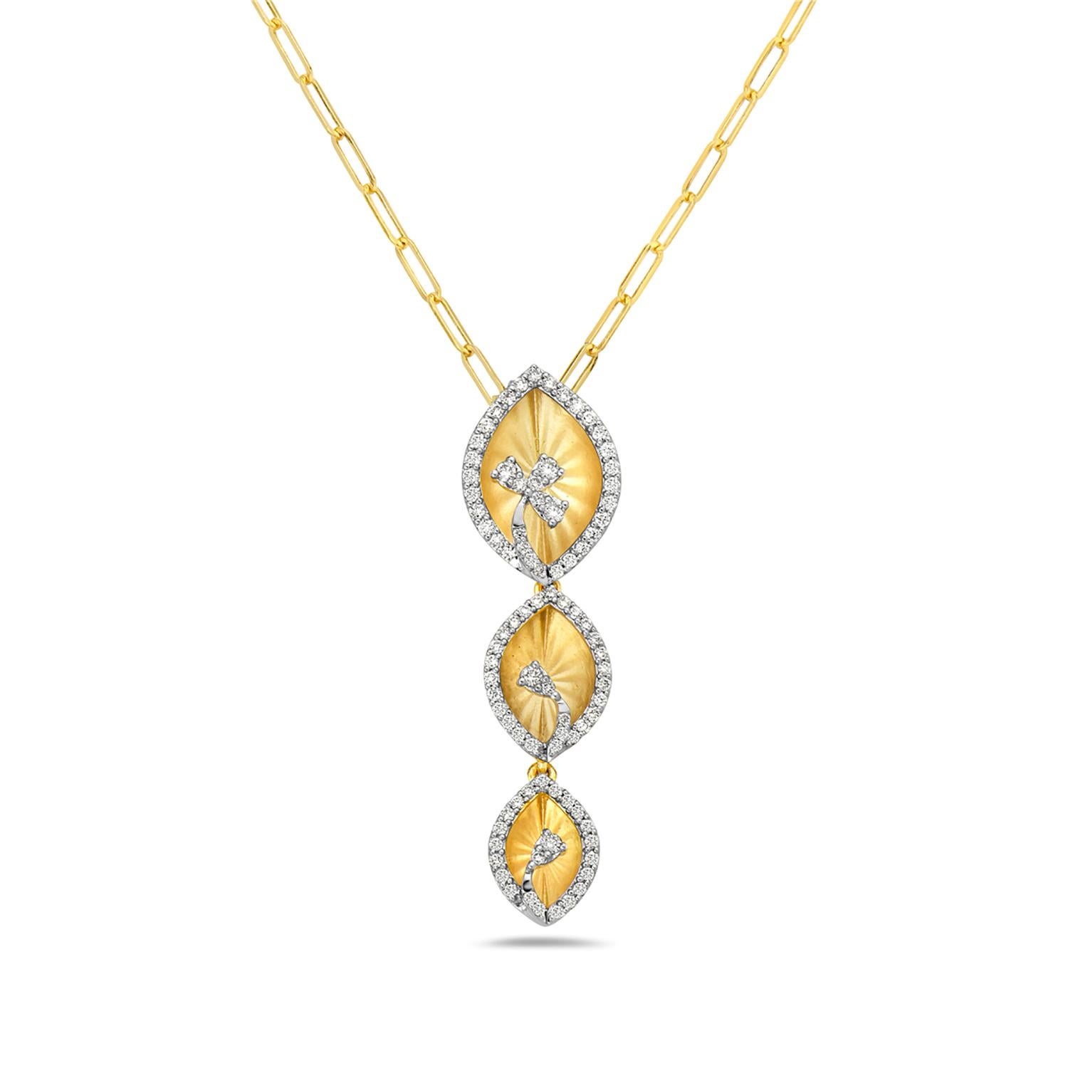 3 Carved Leafs Pendant with Halo Diamonds Made in 14k Yellow Gold In New Condition For Sale In New York, NY