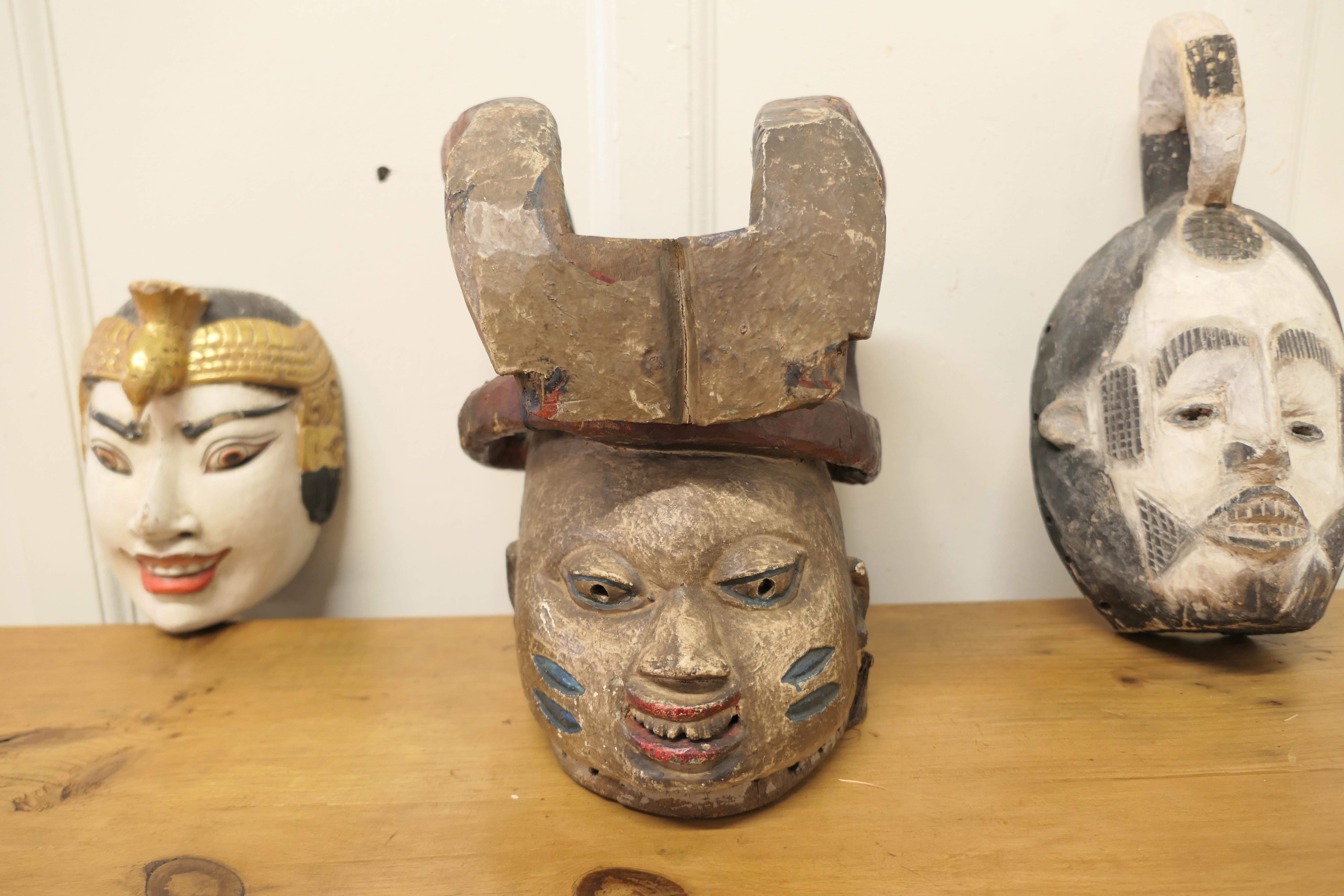 3 Carved Wooden Ceremonial Masks from Nigeria, Africa and Indonesia In Good Condition For Sale In Chillerton, Isle of Wight