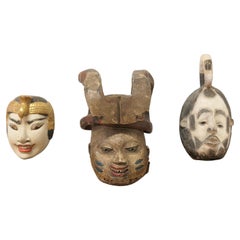 Antique 3 Carved Wooden Ceremonial Masks from Nigeria, Africa and Indonesia