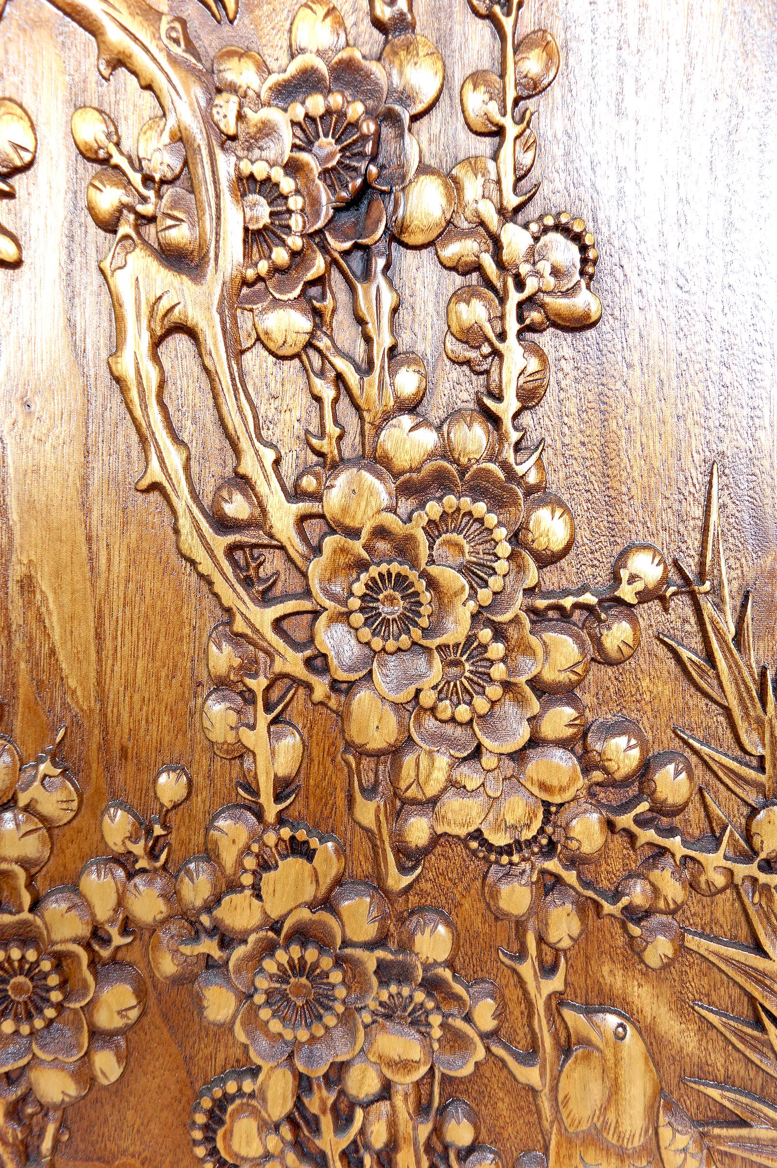 3 Carved Wooden Panels, Floral and Animal Decorations, Indochina / Vietnam, 1900 For Sale 4