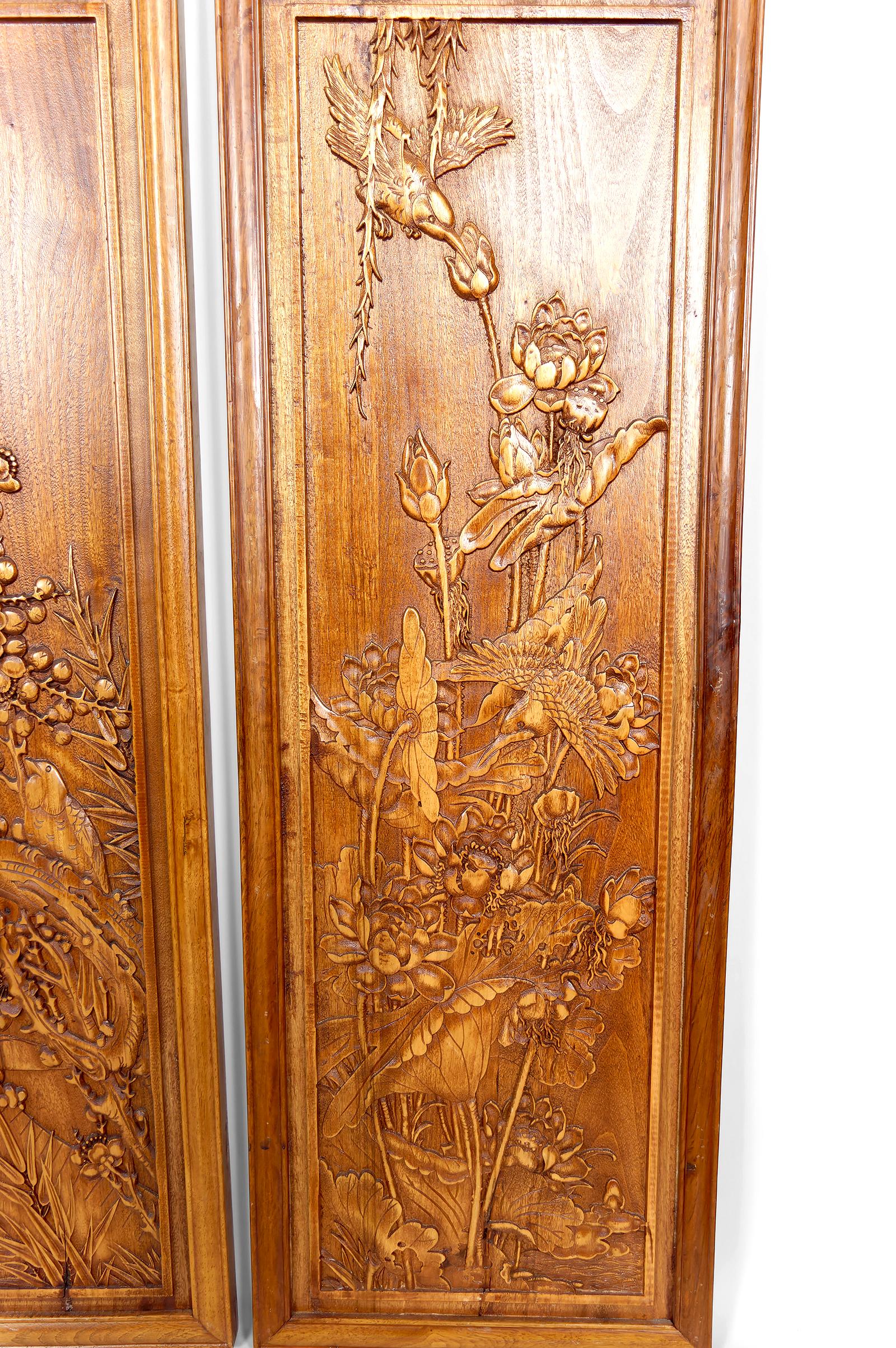 3 Carved Wooden Panels, Floral and Animal Decorations, Indochina / Vietnam, 1900 For Sale 7
