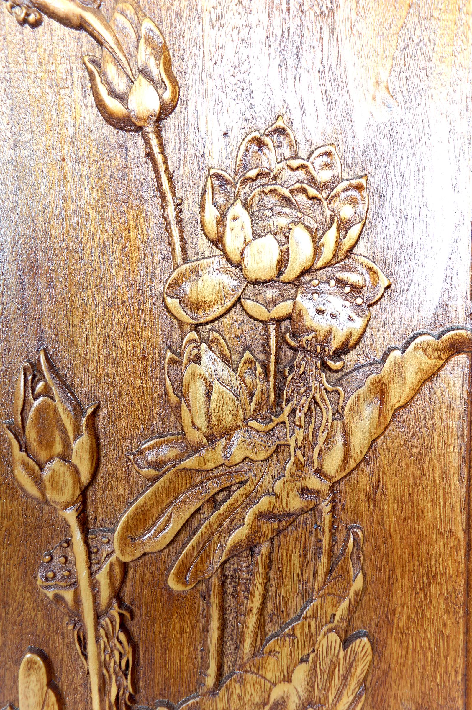 3 Carved Wooden Panels, Floral and Animal Decorations, Indochina / Vietnam, 1900 For Sale 9