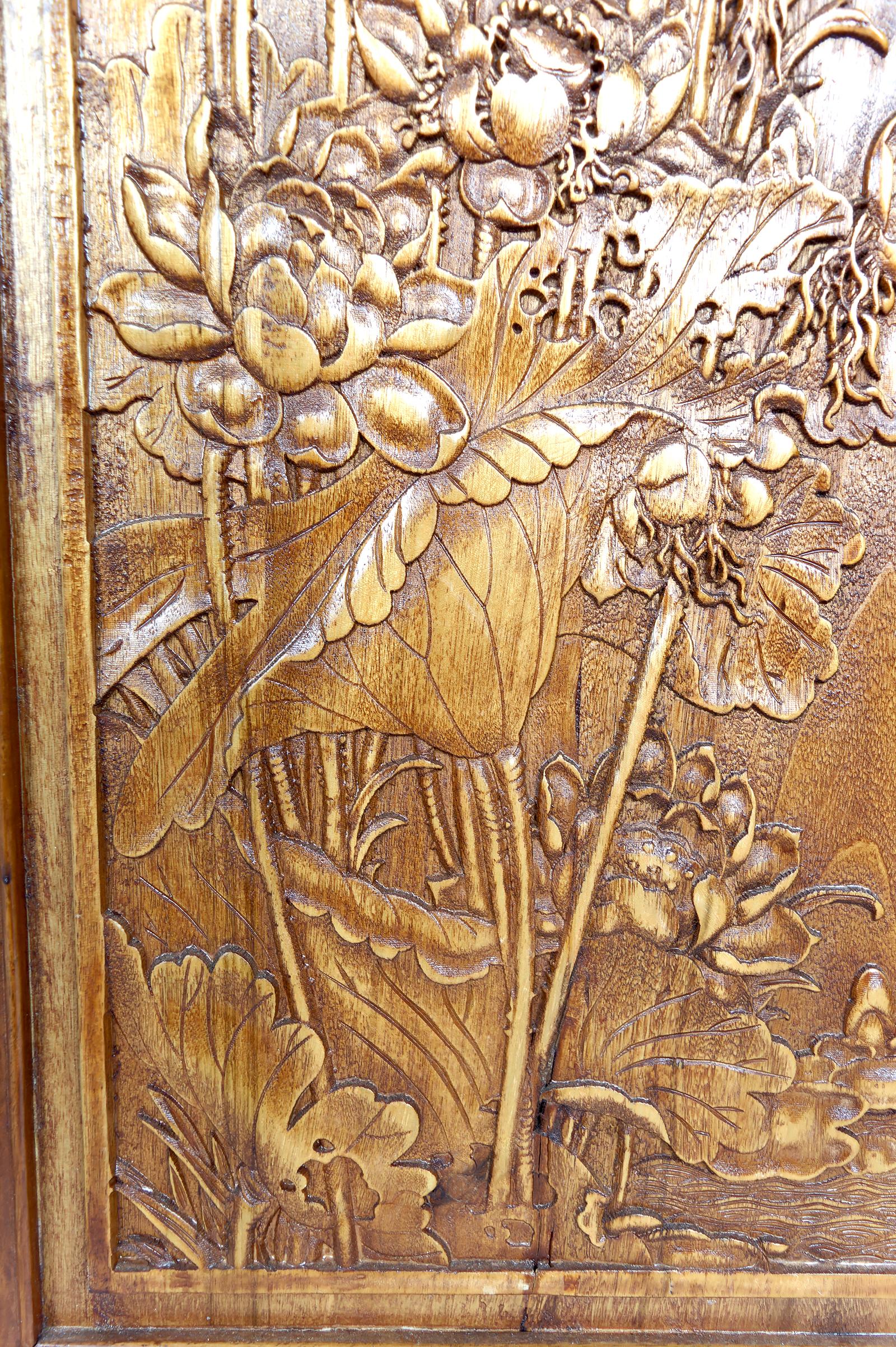 3 Carved Wooden Panels, Floral and Animal Decorations, Indochina / Vietnam, 1900 For Sale 11