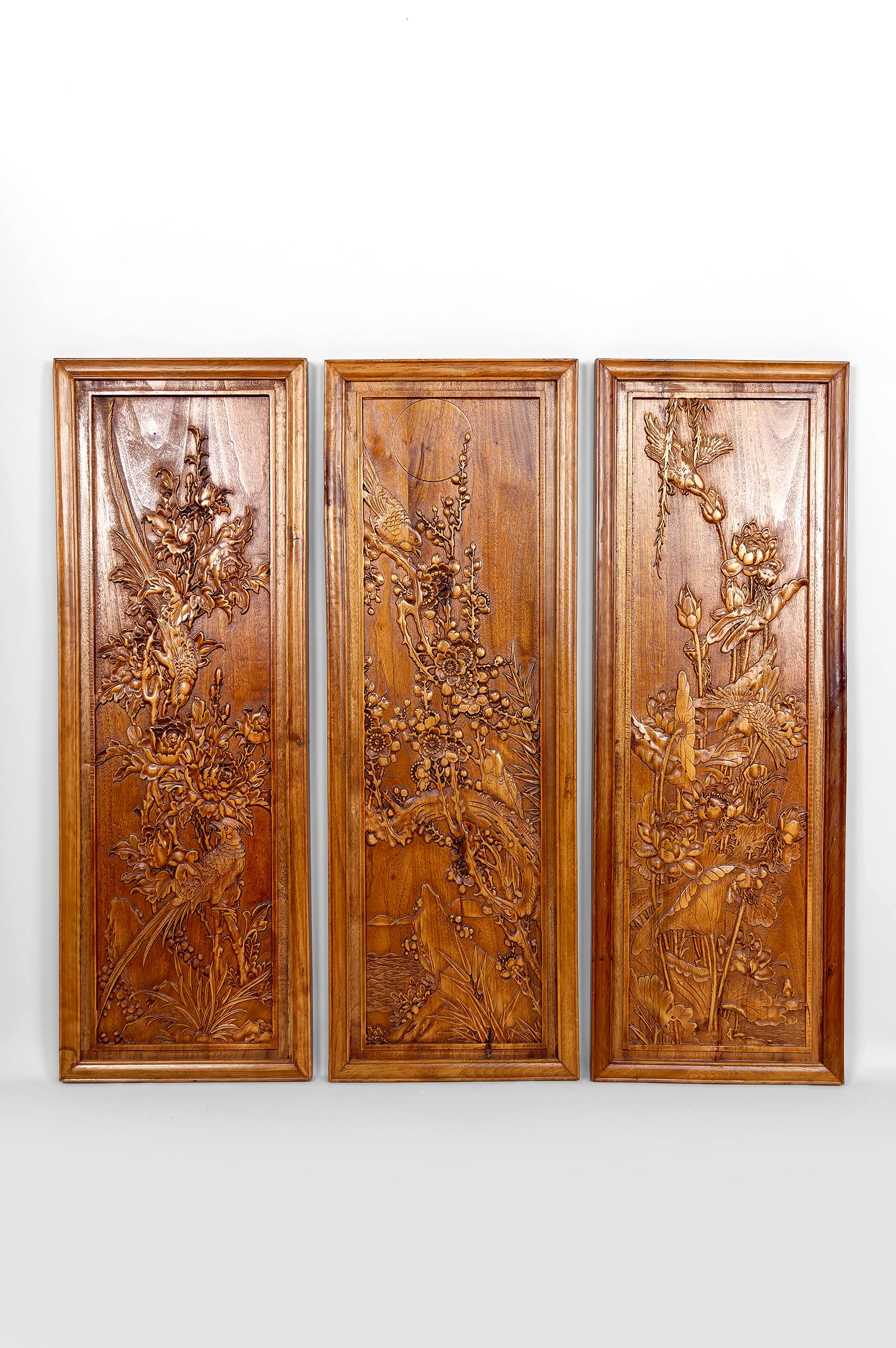 3 Carved Wooden Panels, Floral and Animal Decorations, Indochina / Vietnam, Early 20th Century

We are pleased to present an exceptional set of three hand-carved wooden panels from Indochina (Vietnam), dating from the early 20th century. 

These