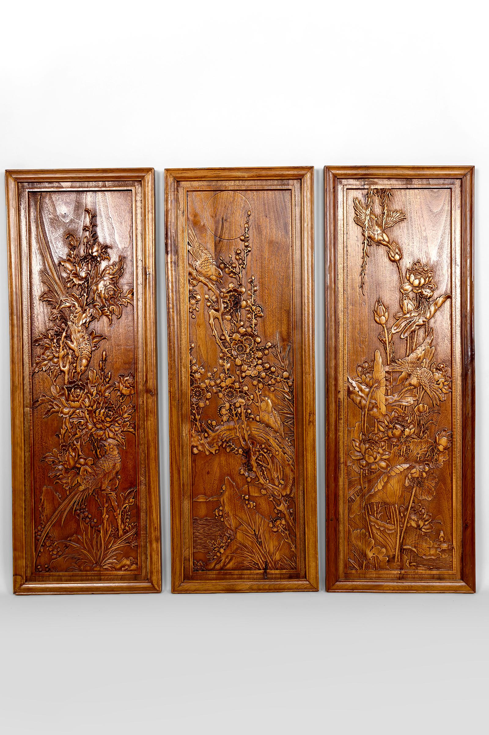 Chinese Export 3 Carved Wooden Panels, Floral and Animal Decorations, Indochina / Vietnam, 1900 For Sale
