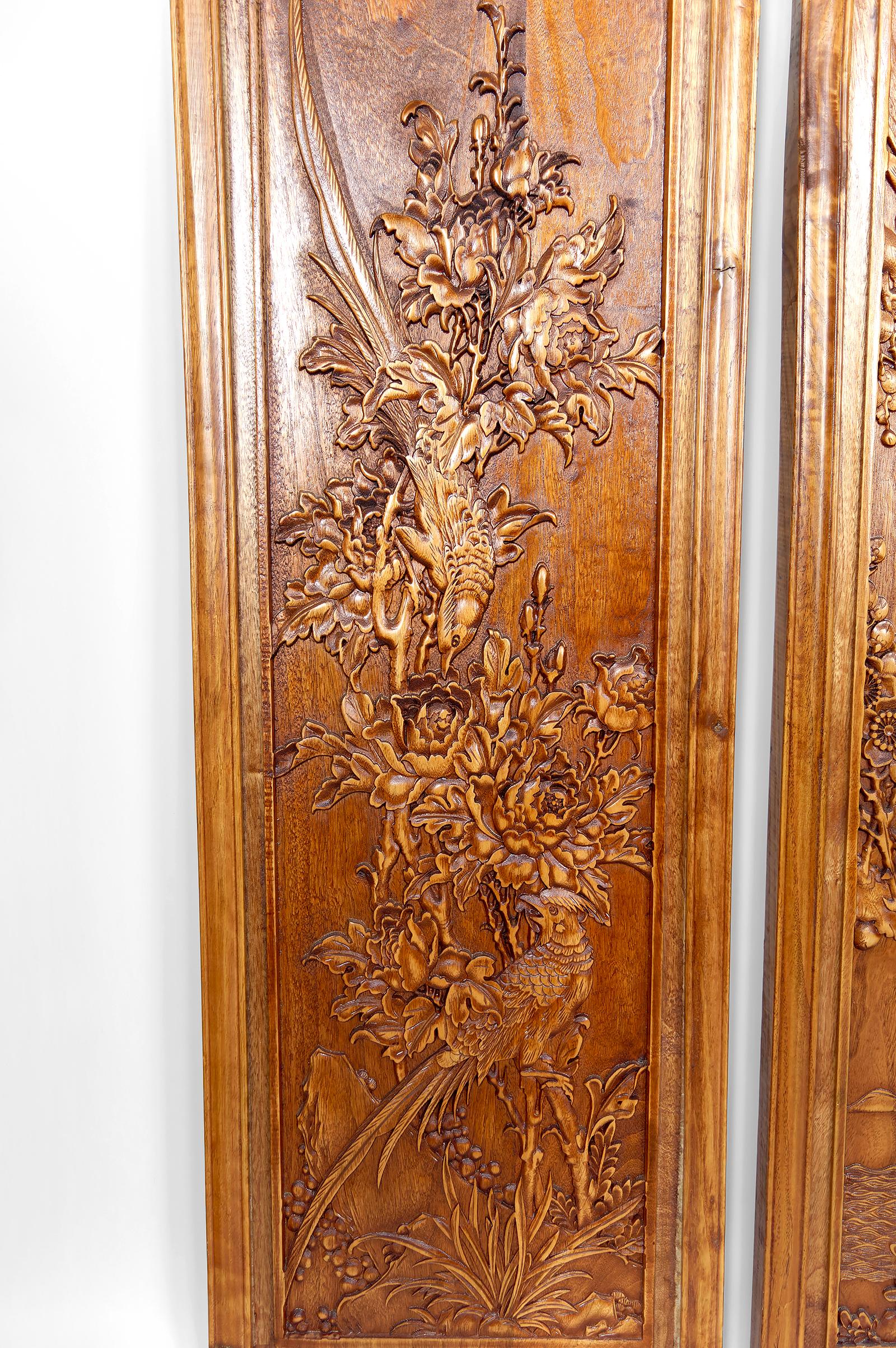 Vietnamese 3 Carved Wooden Panels, Floral and Animal Decorations, Indochina / Vietnam, 1900 For Sale