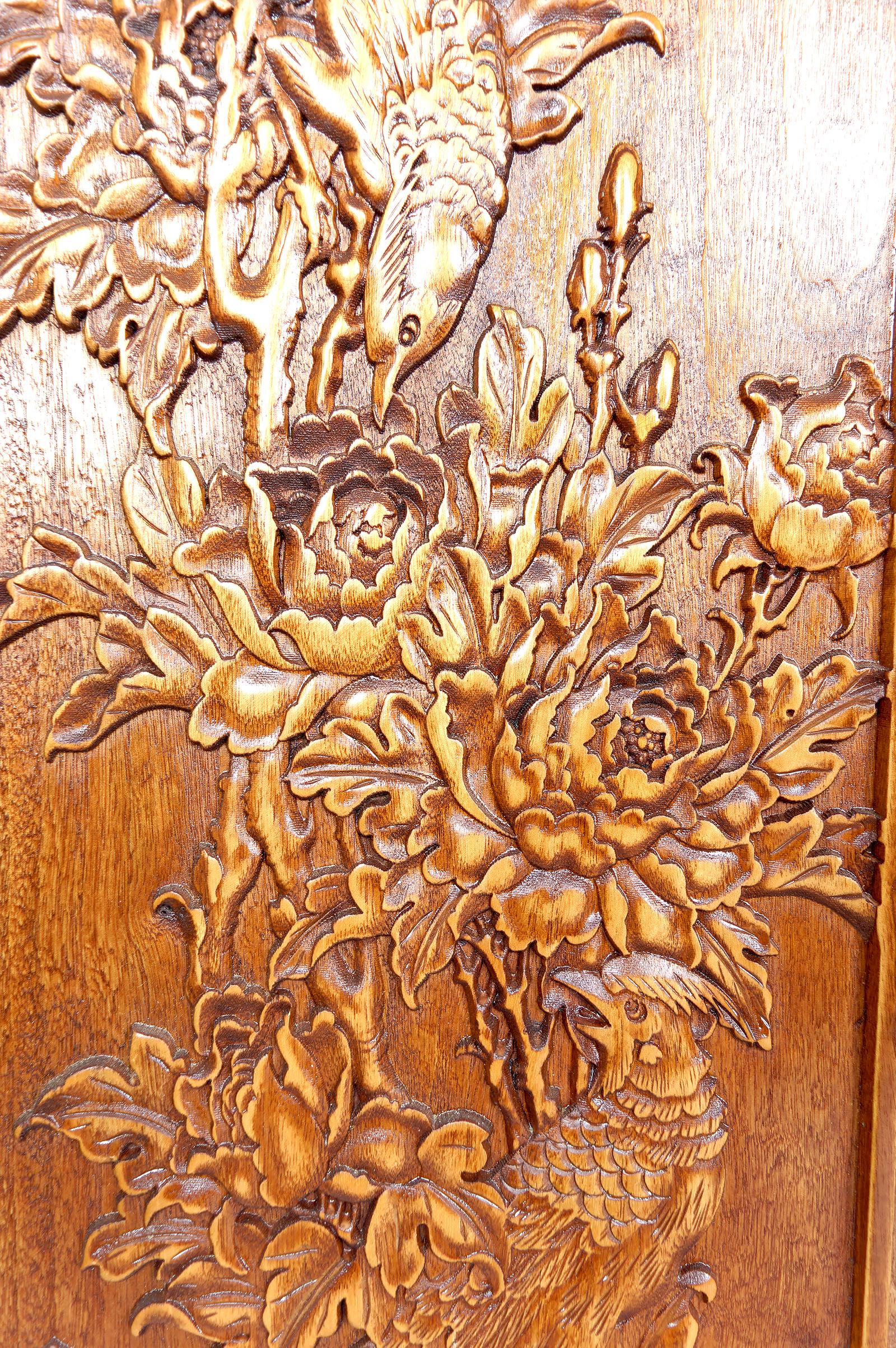 20th Century 3 Carved Wooden Panels, Floral and Animal Decorations, Indochina / Vietnam, 1900 For Sale