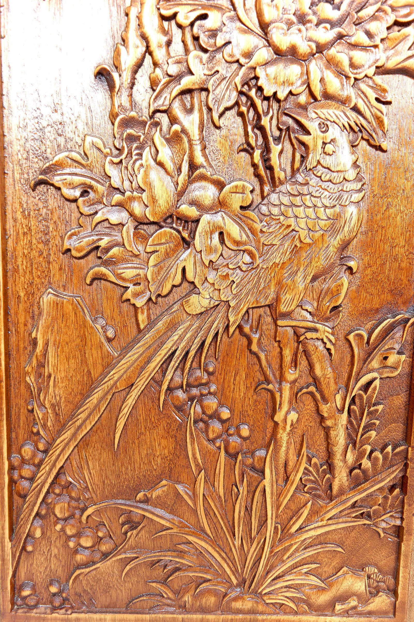 3 Carved Wooden Panels, Floral and Animal Decorations, Indochina / Vietnam, 1900 For Sale 1