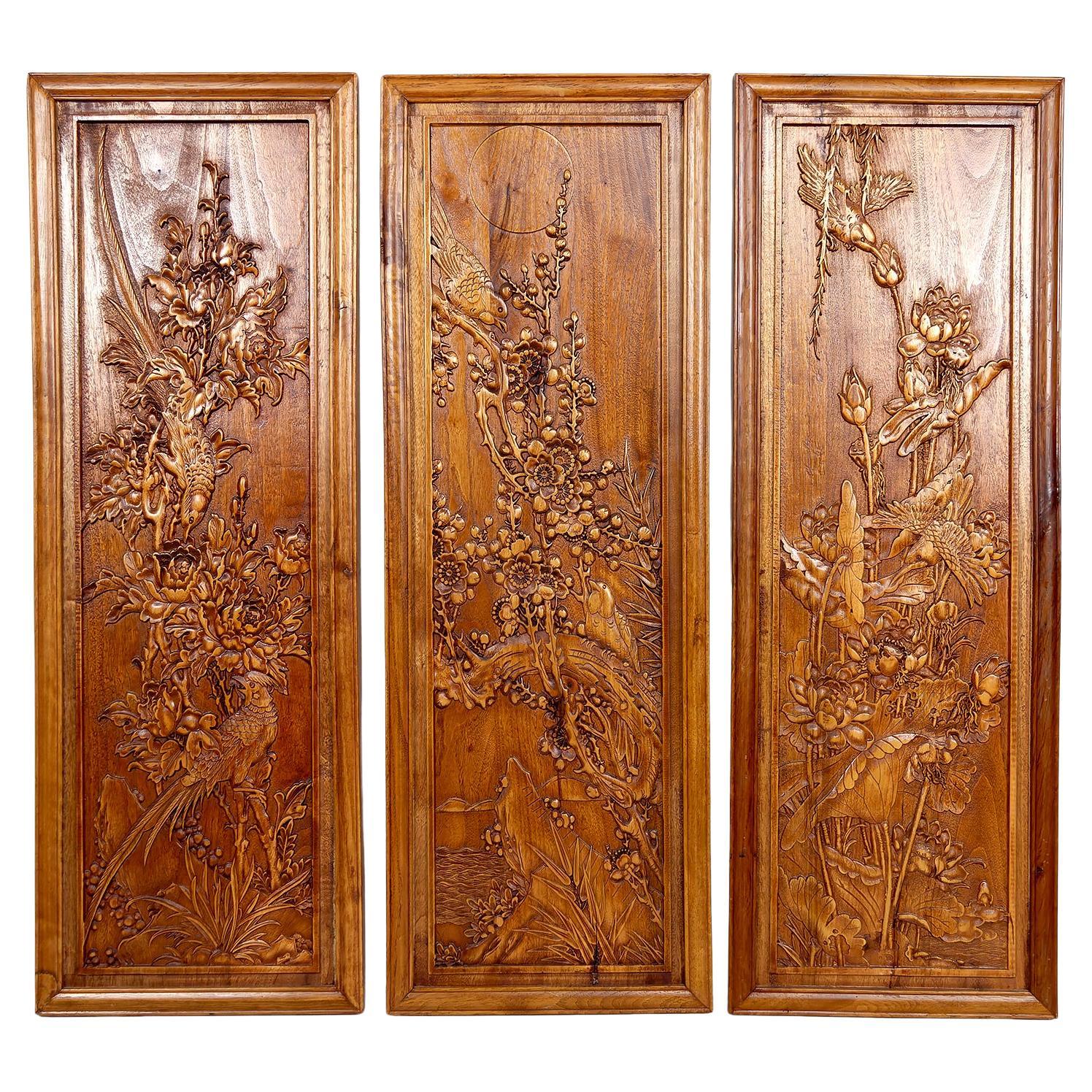 3 Carved Wooden Panels, Floral and Animal Decorations, Indochina / Vietnam, 1900 For Sale