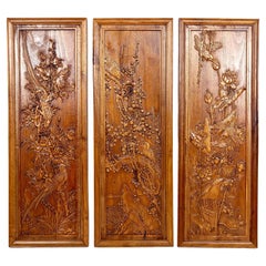 Antique 3 Carved Wooden Panels, Floral and Animal Decorations, Indochina / Vietnam, 1900