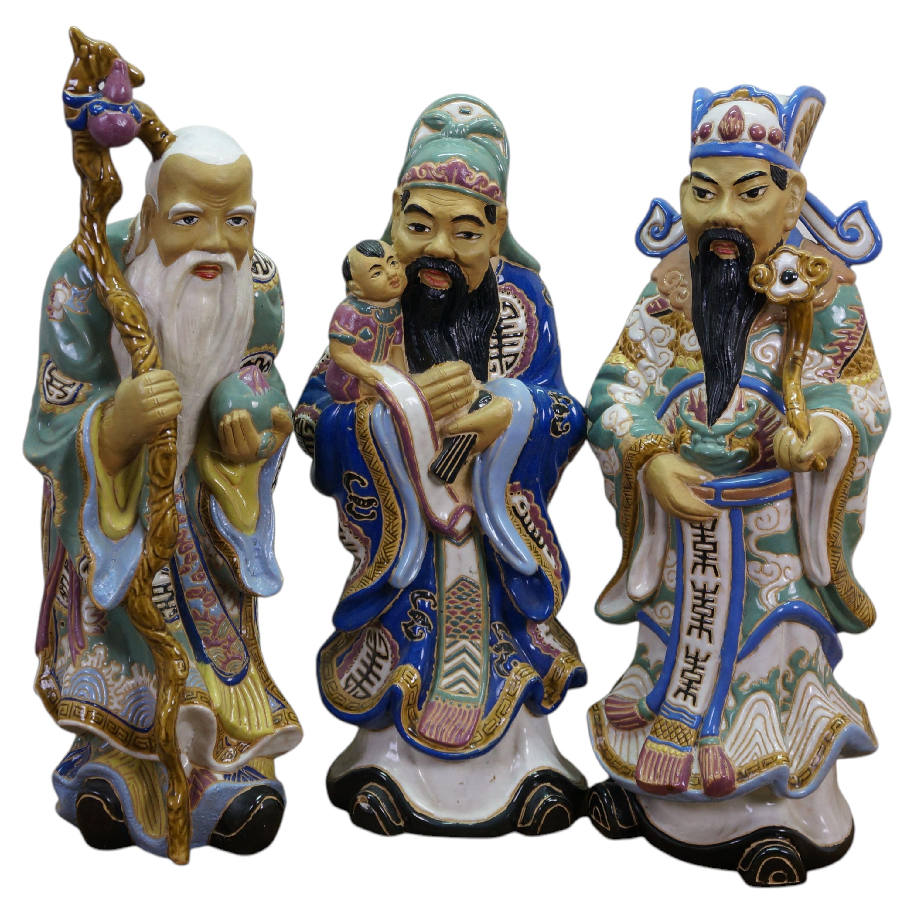 3 Ceramic Fu Lu Shou Star Gods Good Fortune Prosperity Longevity Statues 23" For Sale
