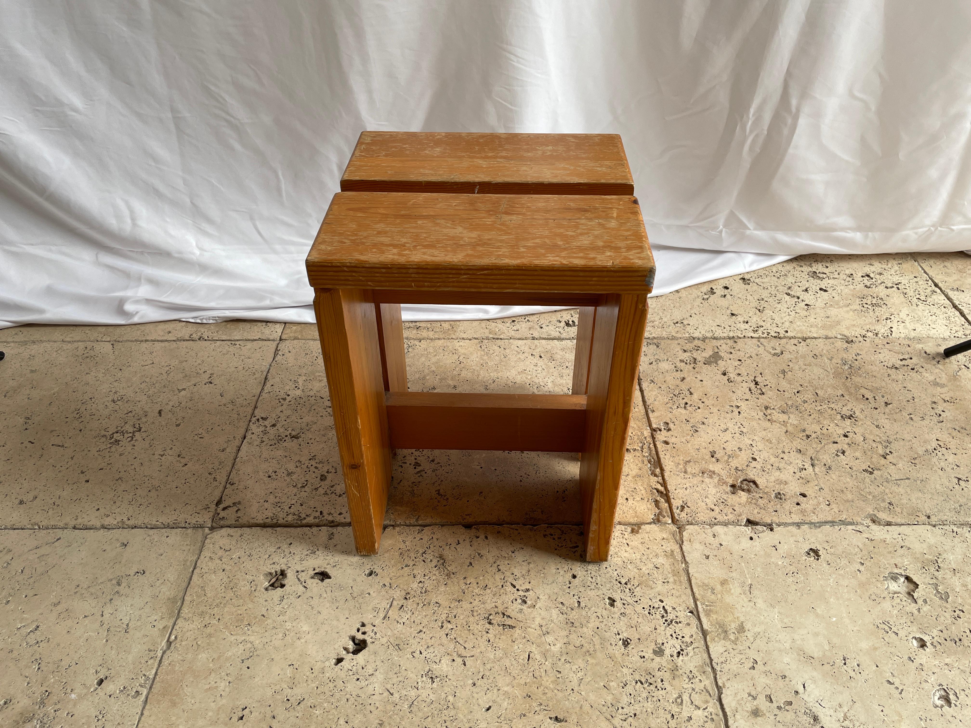 3 Charlotte Perriand Pinewood Stool for Les Arcs 1600, circa 1960, France In Fair Condition In Malibu, US