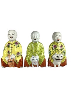 3 Chinese Porcelain Laughing Boys Riding Mythical Beasts Hand Painted Ca. 1850