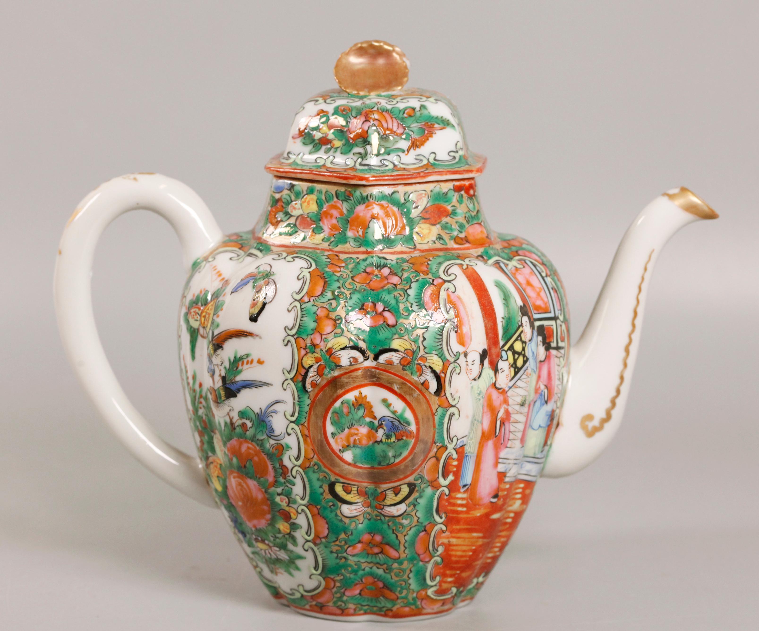 Porcelain 3 Chinese rose medallion porcelain teapots/bowl, 19th c. For Sale