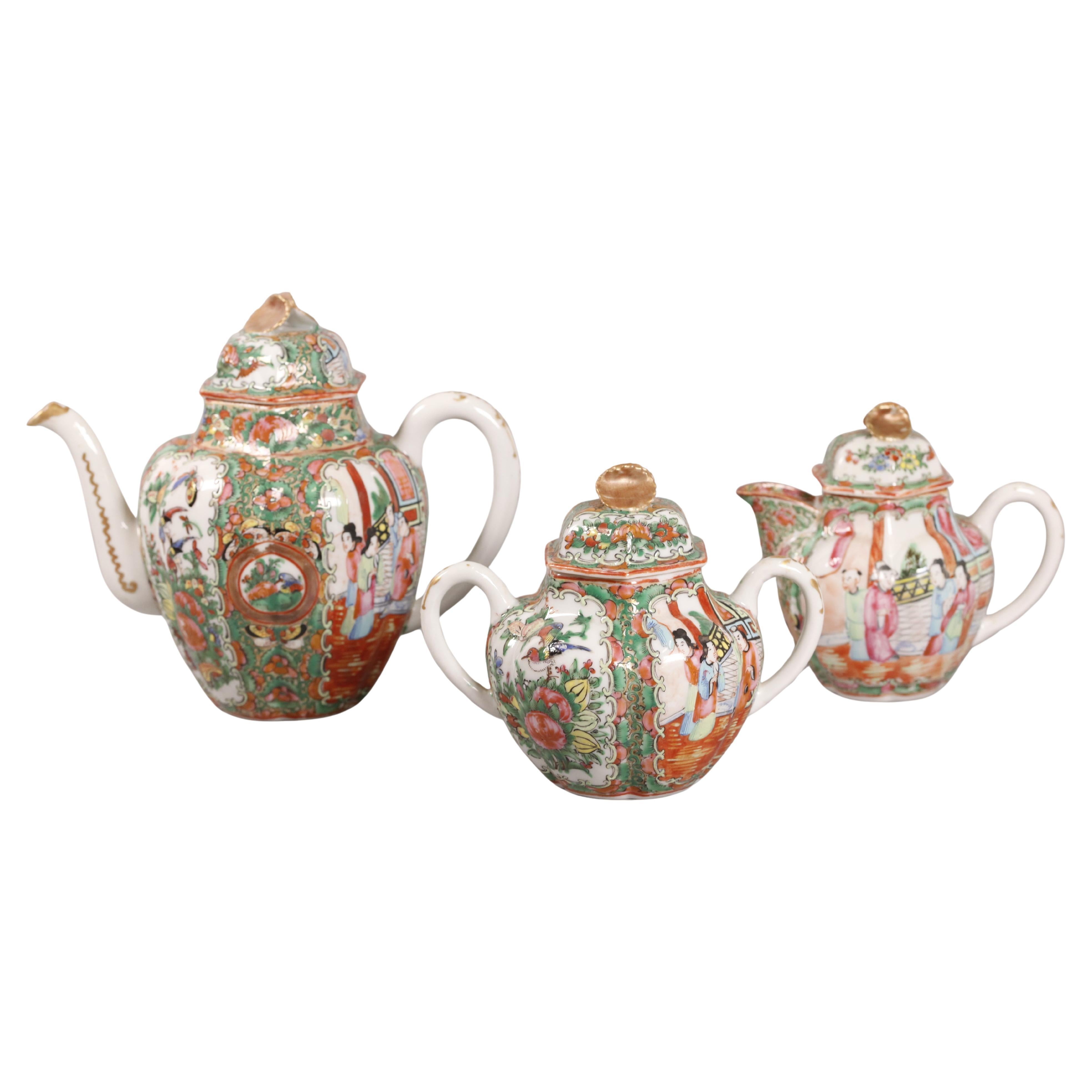 3 Chinese rose medallion porcelain teapots/bowl, 19th c.