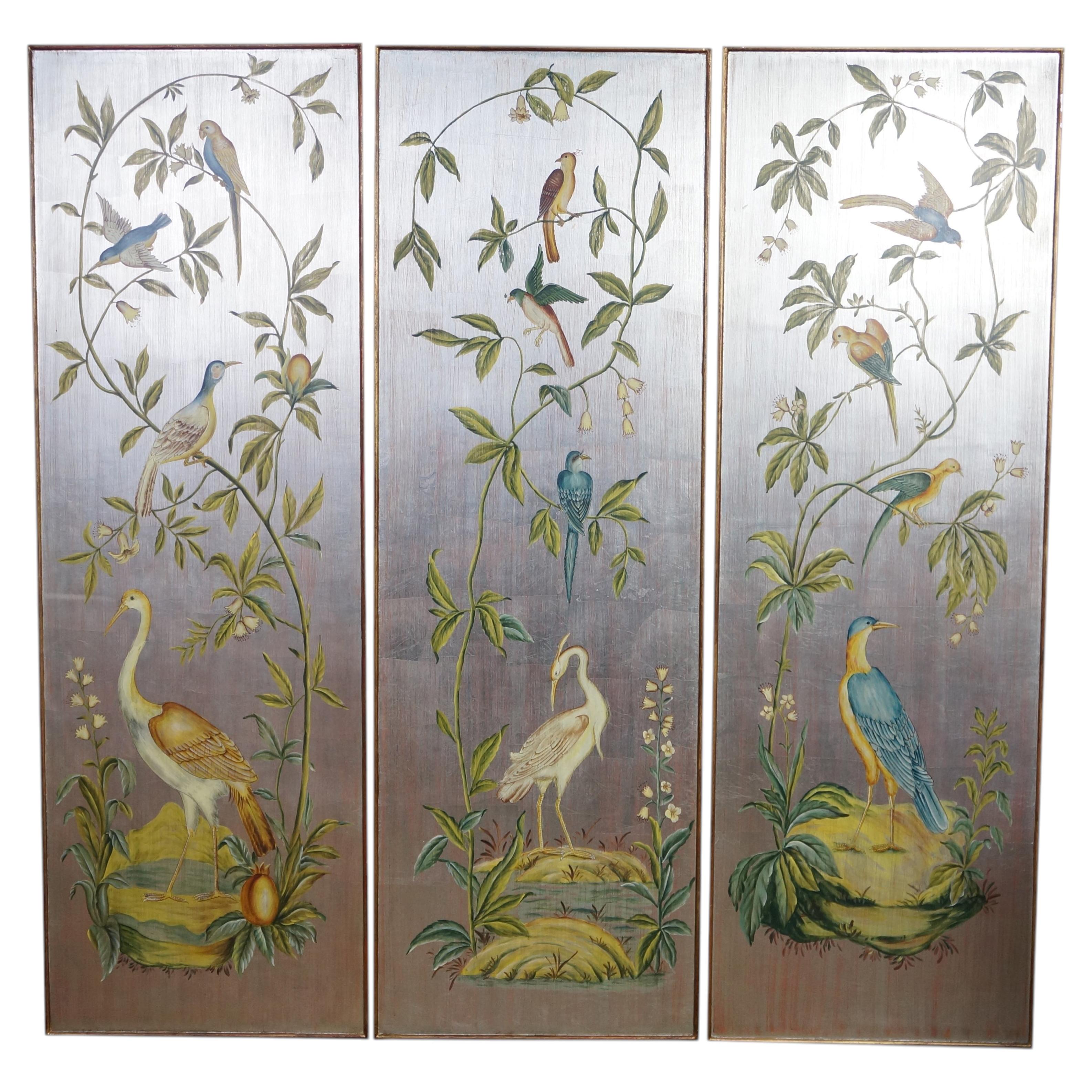 3 Pannelli da appendere in stile cineseria, oro, argento, metallizzato, con uccelli tropicali, gru e foglie.