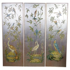 3 Chinoiserie Gold Silver Metallic Tropical Bird Crane Leaf Vine Hanging Panels