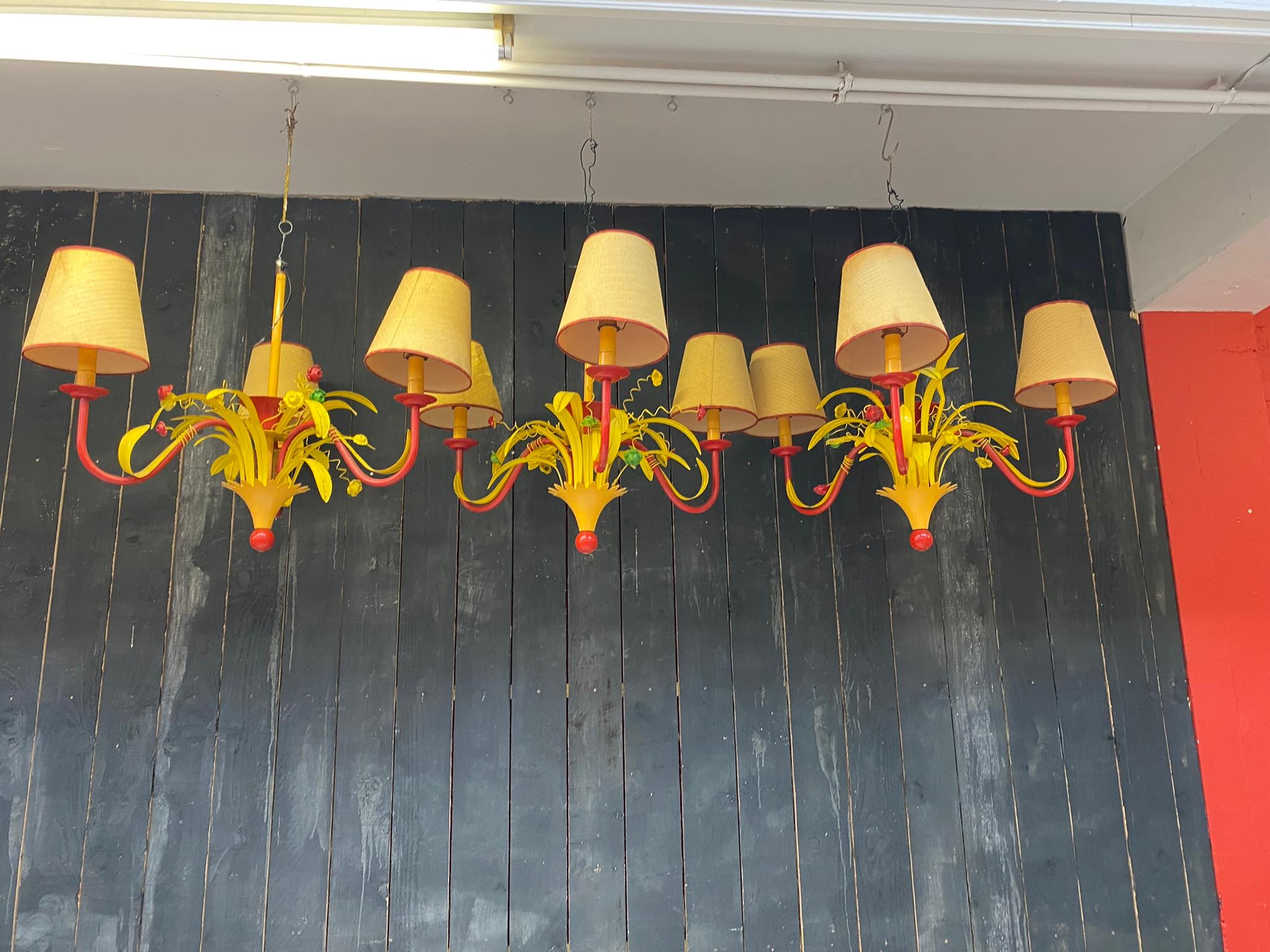3 circus chandeliers in lacquered metal, circa 1970
Origin: West of France circus
Small traces of corrosion on the top of the leaves, invisible when the chandelier is hung
The price is for one item
Circus barriers are offered in another ad.