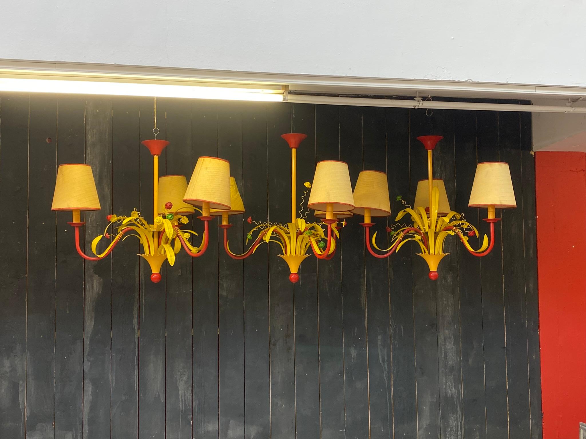 French 3 Circus Chandeliers in Lacquered Metal, circa 1970 For Sale