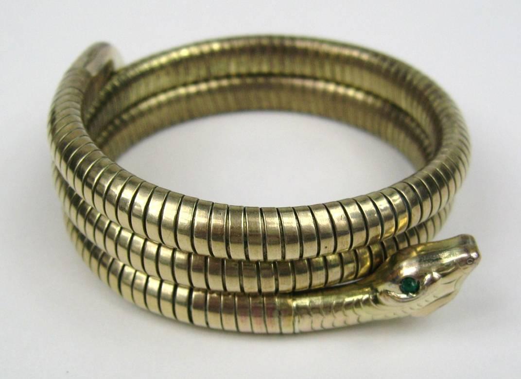 3 Coil Green Eyed Wrap Snake Bracelet 1940s In Good Condition In Wallkill, NY