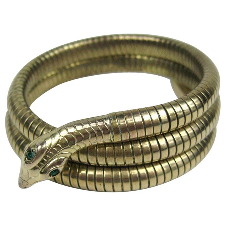 3 Coil Green Eyed Wrap Snake Bracelet 1940s at 1stDibs