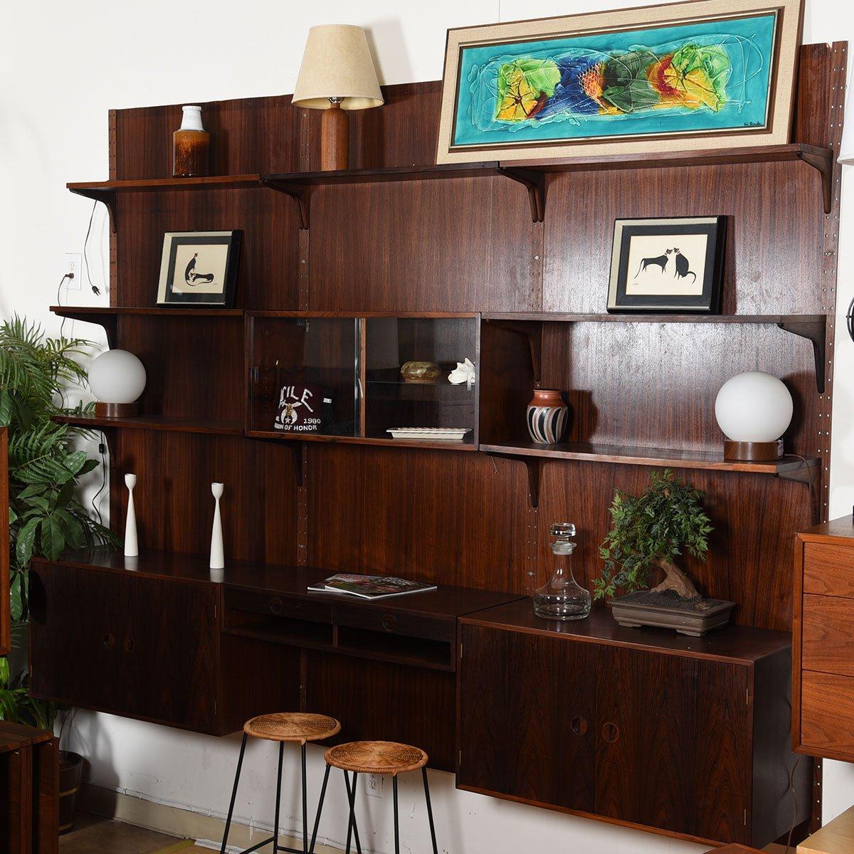 3-Column Danish Modern Rosewood Adjustable Wall Unit with Paneling For Sale 7